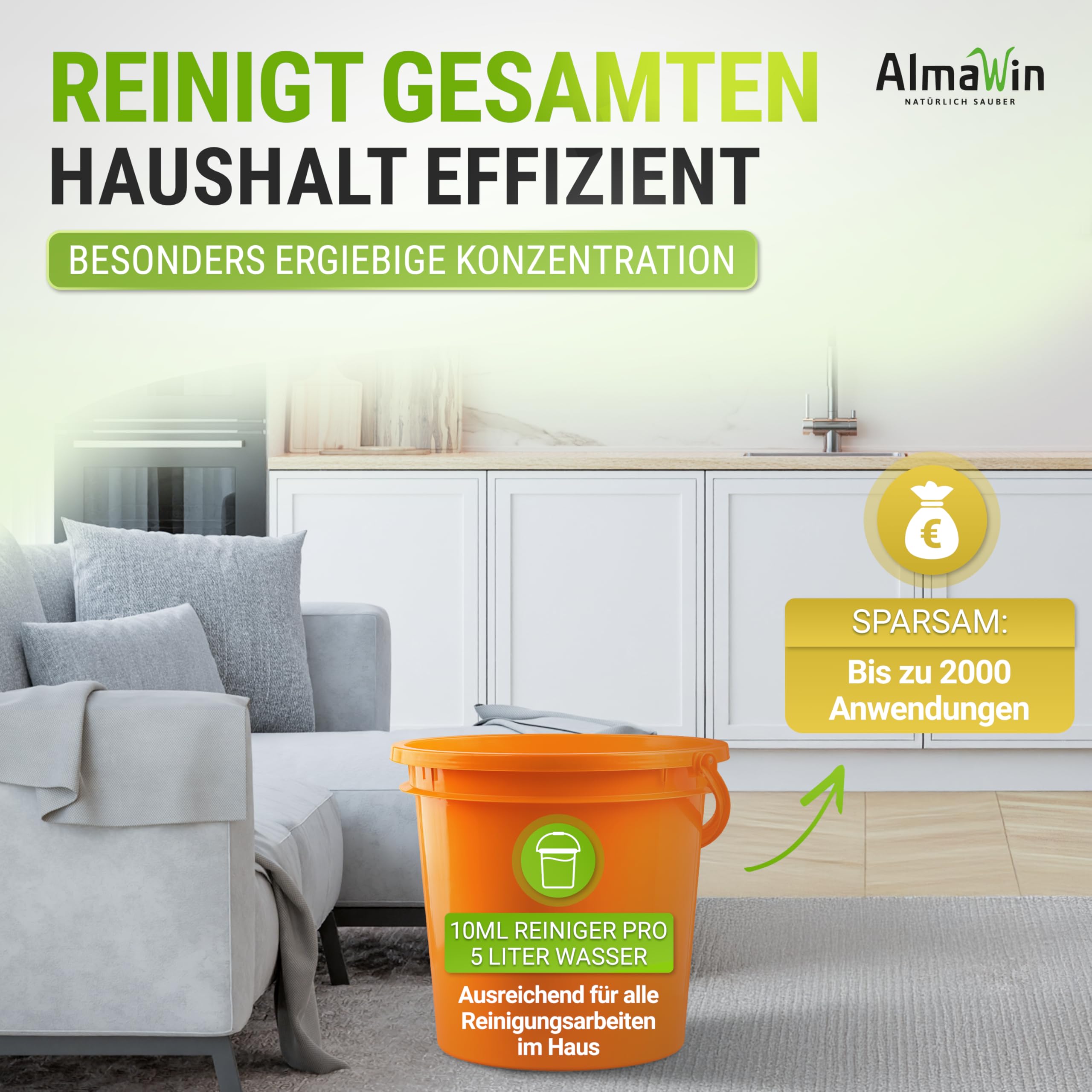 AlmaWin® Haushalt Reiniger [20L] zur Reinigung & Pflege wasserfester Oberflächen - Allzweckreiniger mit Zitronenduft - Universal Reiniger Konzentrat - Entfernt Schmutz, Fett & Staub - Bio & VEGAN