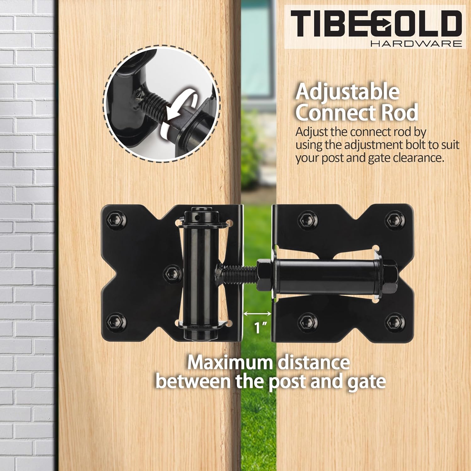 Self Closing Gate Hinges, Heavy Duty Hardware for Outdoor Vinyl/Woodn Fence Gates, 90 Degree Adjustable Gate Hinges Kit, Black Self Closing Hardware with Screw Kits and Swing Adjuster Tool, 2 Pack