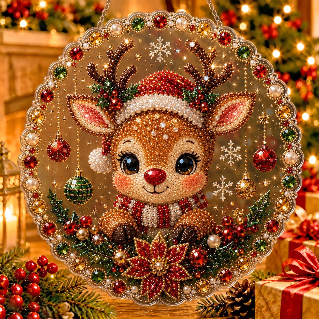 Christmas Pearl Diamond Painting Suncatcher Kit, DIY Acrylic Hanging Decor