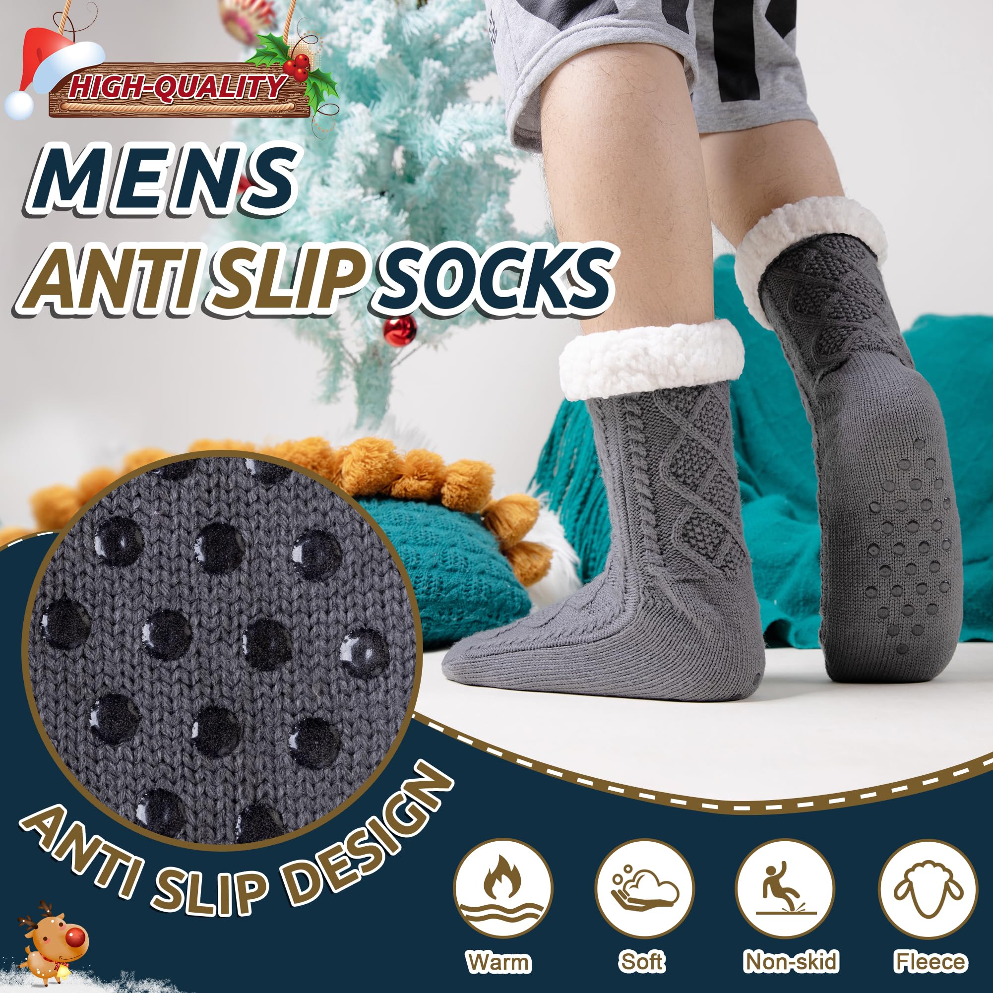 WEVIAS Men's Fleece Lined Cozy Extra Thick Slipper Socks Winter Non-Slip Fuzzy Home Sleeping Stockings, Dark Grey, One Size 1