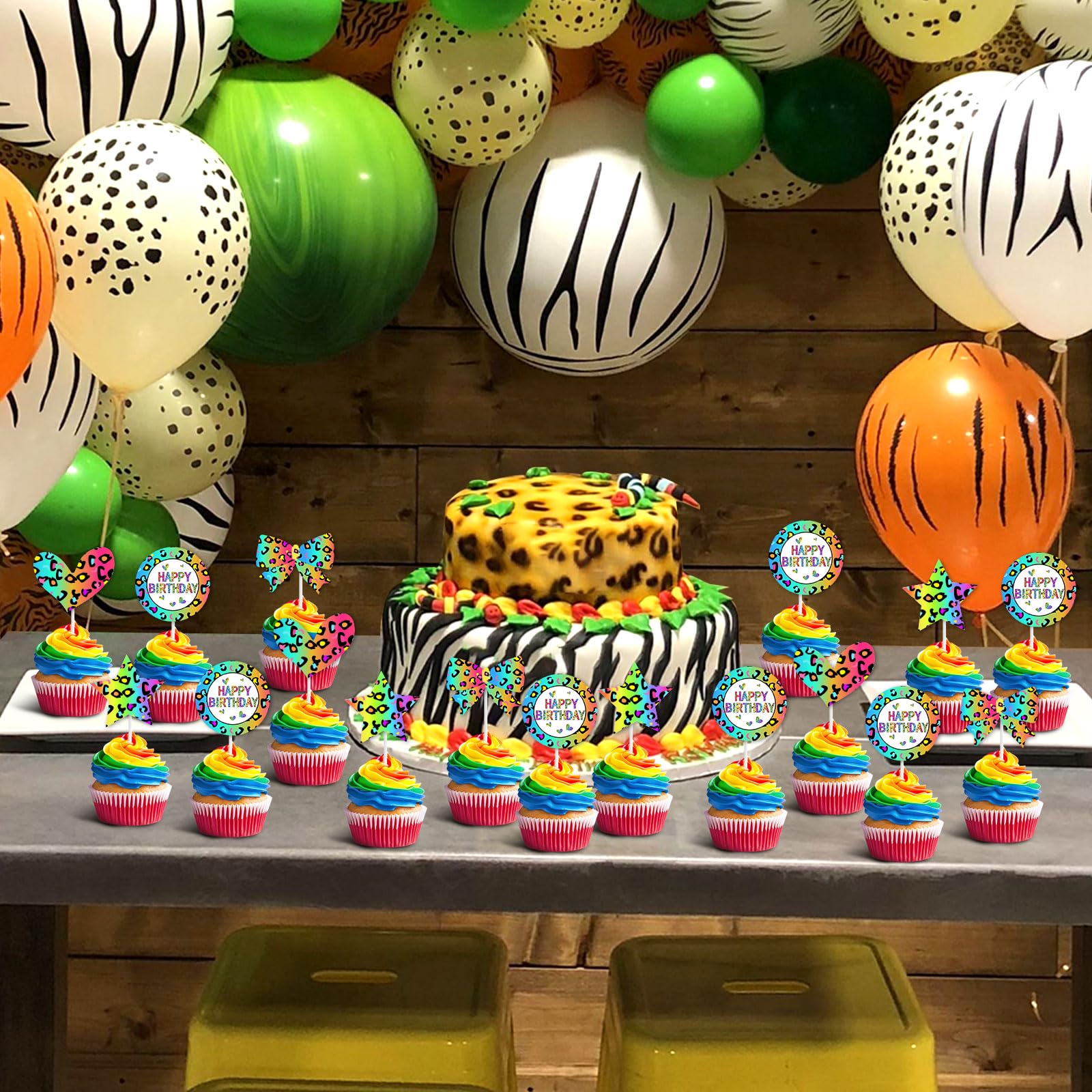 Cheereveal Rainbow Cheetah Cake Toppers - Glitter Leopard Print Cake Picks For Jungle Safari Birthday Parties - View #4