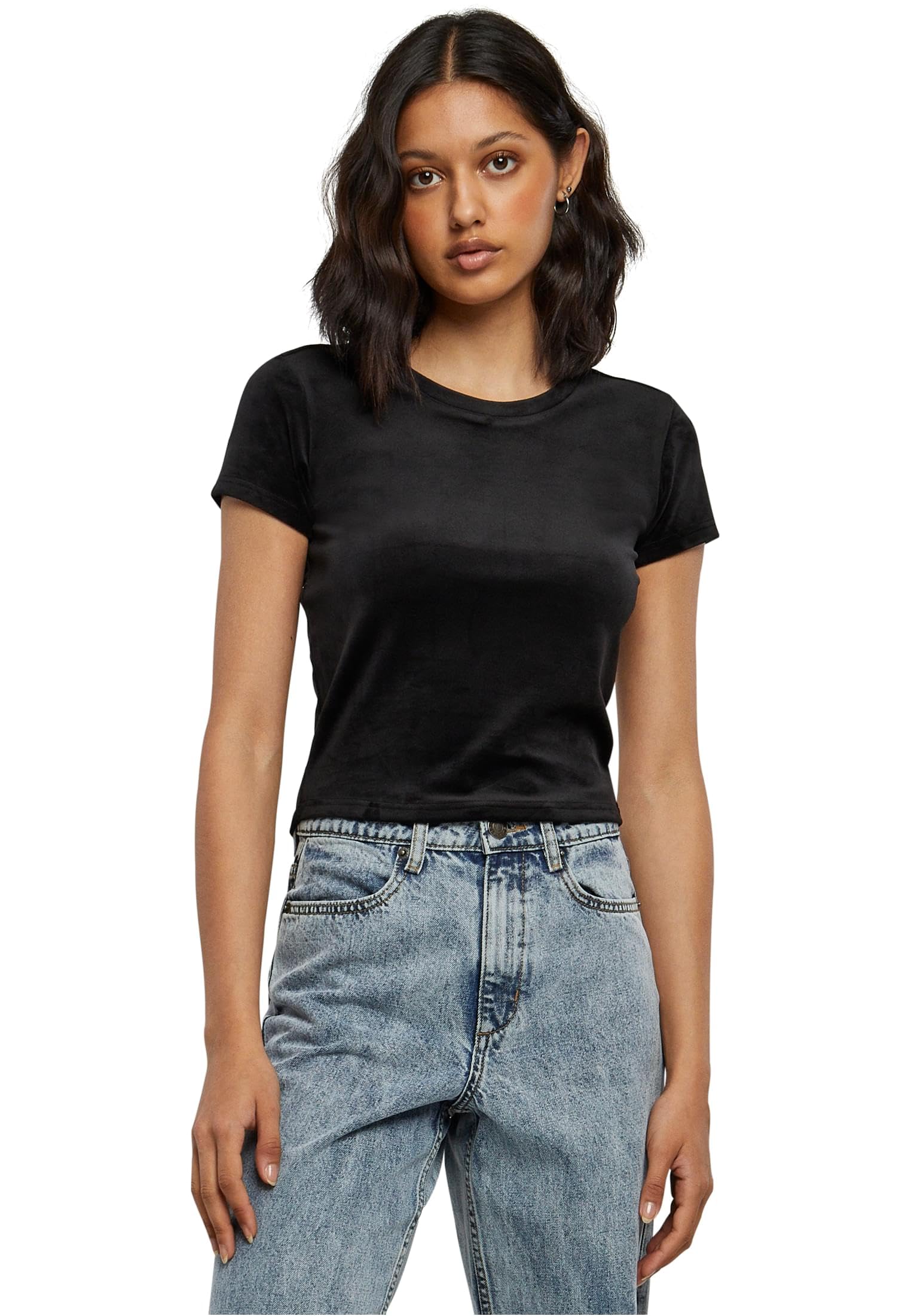 Urban Classics Women's Ladies Short Velvet Tee T-Shirt, Black, XS