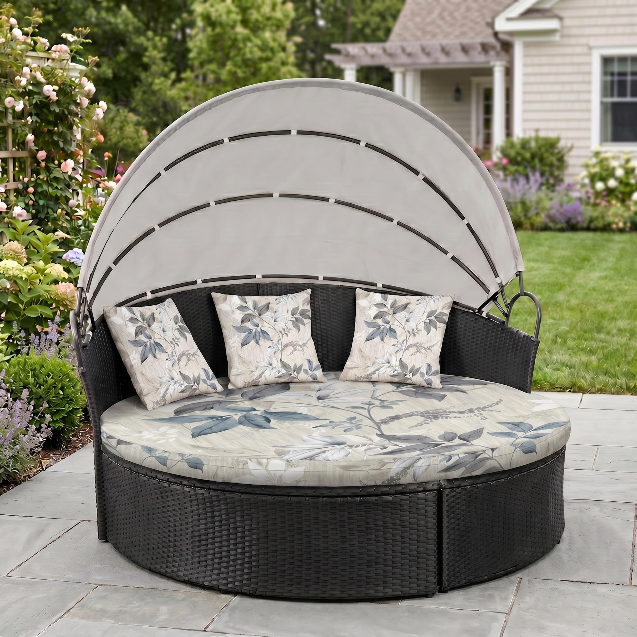 LiveGo Outdoor Daybed Cushion Cover, 66" Replacement Daybed Cover with Elastic Band, Sun Bed Cushion Cover, Outdoor Round Bed Cushion Covers (Flower A, 1 Round Cover + 3 Pillow Covers) — image 1