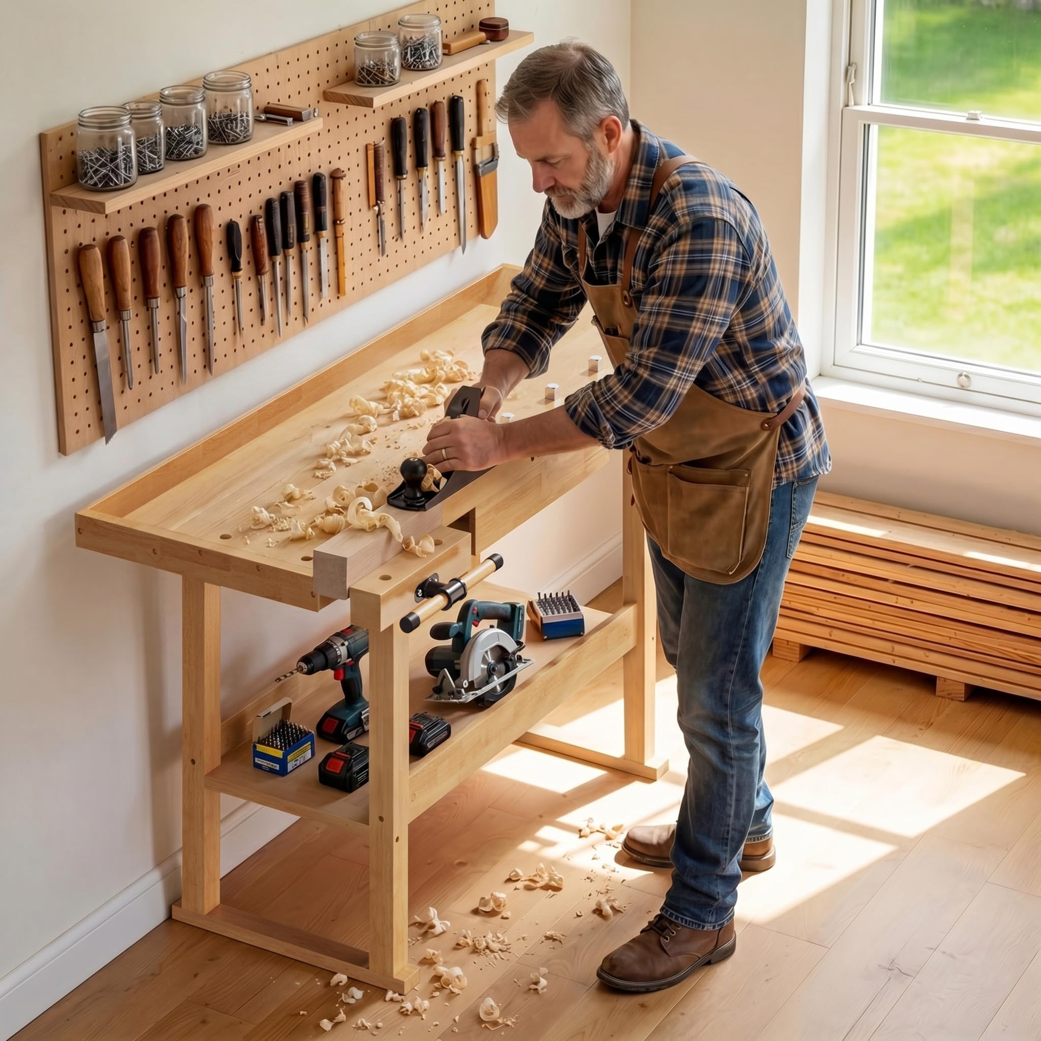Wiltec Établi de Travail – en Hévéa/Rubberwood – 151 x 61,5 x 86 cm – avec Tiroir, Espace de Rangement, Pince et Crochet d’établi – pour aménagement, cousure – Banc de rabotage