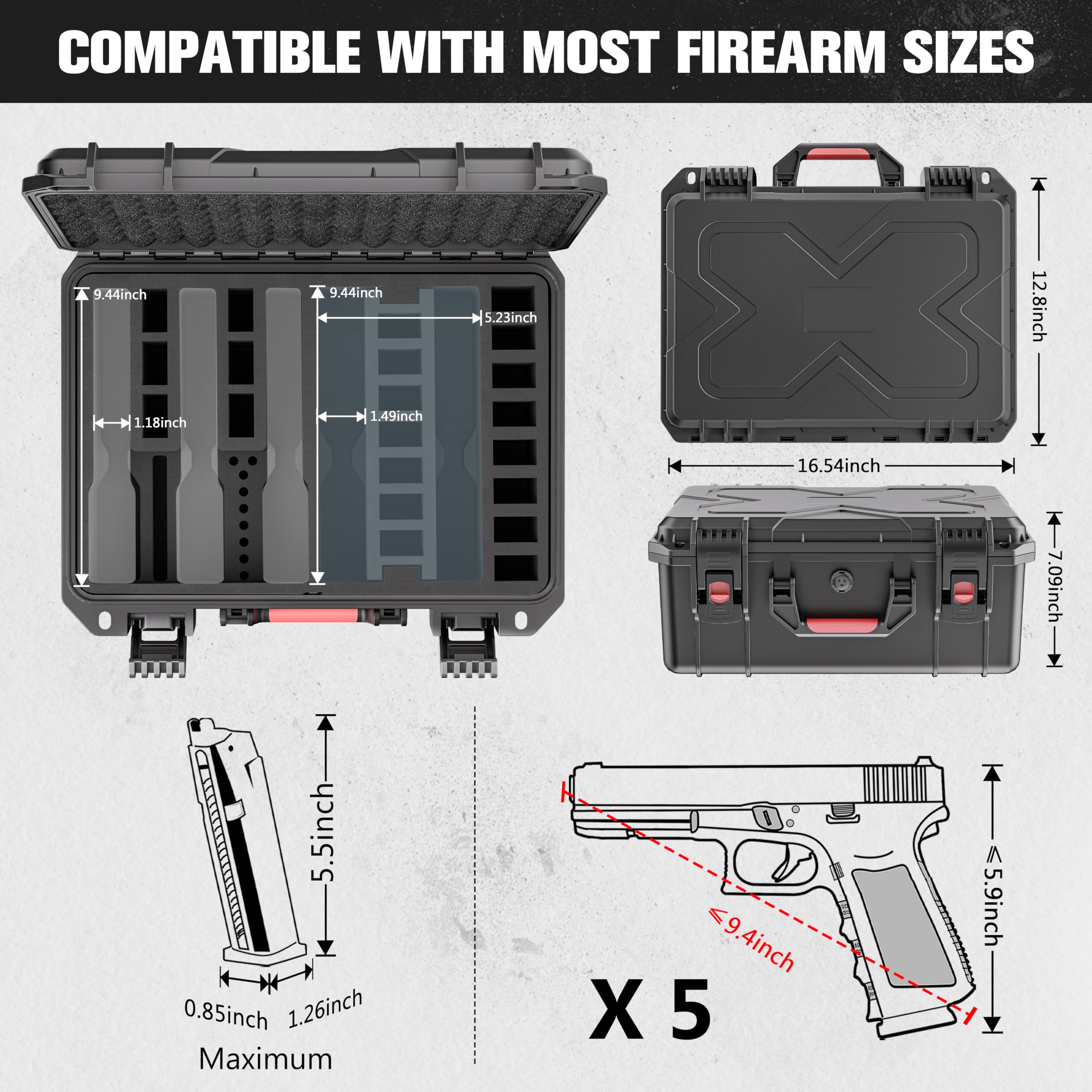 Pistolenkoffer Waffenkoffer für Handfeuerwaffen 5 Pistolenkoffer &12 vorgeschnittene Mehrfachpistolen Stoßfeste wasserdichte harte mit Trockenmittel tsa zugelassener Schusswaffen-Reisekoffer
