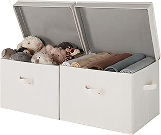 StorageWorks Storage Box with Lid, Large Fabric Storage Boxes with Lid with Handles, Foldable Storage Basket with Lid for Clothes, Mix of Beige, White and Ivory, Pack of 2