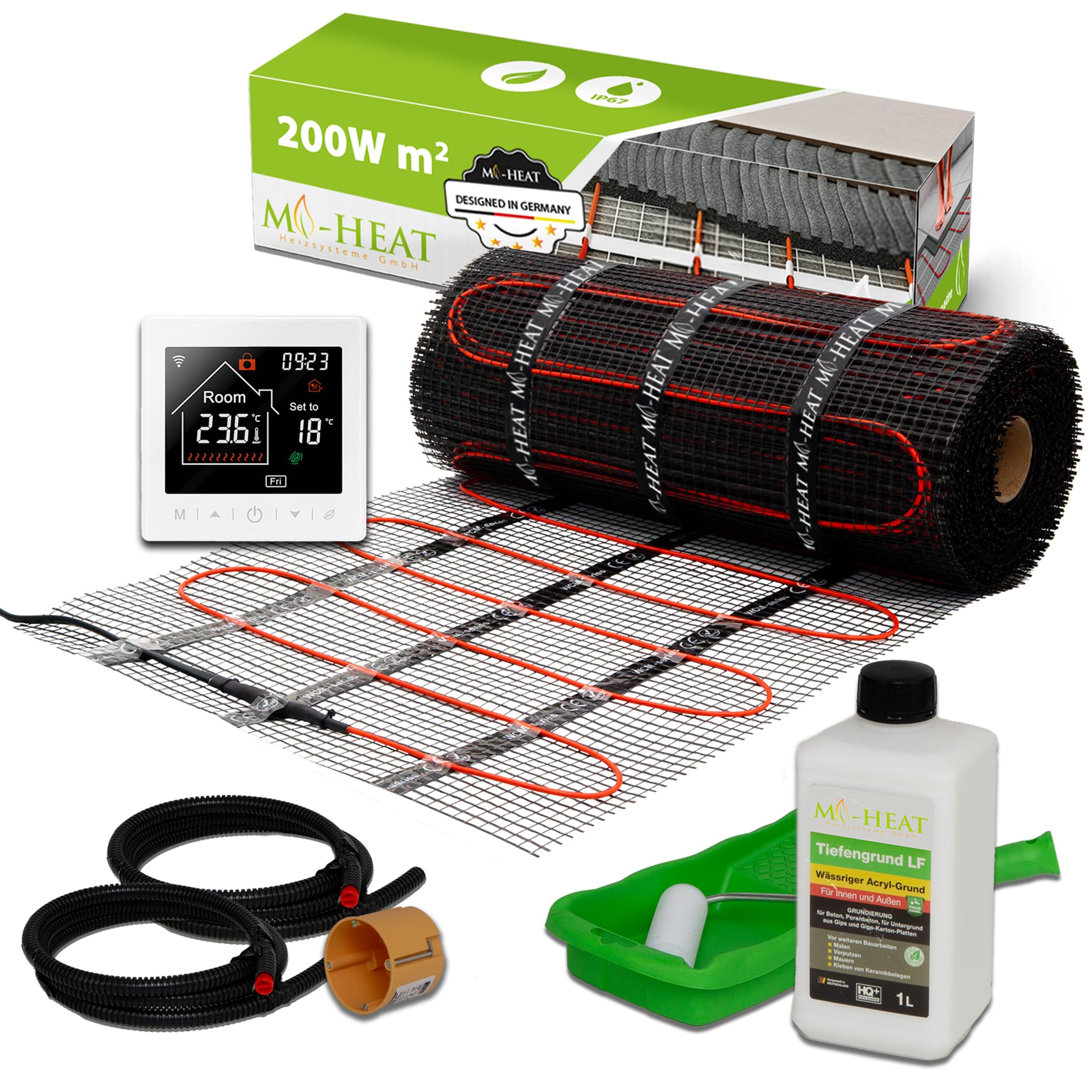Mi-Heat Chauffage au sol électrique 200 W/m² 3,5 m² - Kit de chauffage au sol - Tapis de compensation - Pour carrelage, vinyle, parquet et stratifié - Avec thermostat M2 WiFi blanc