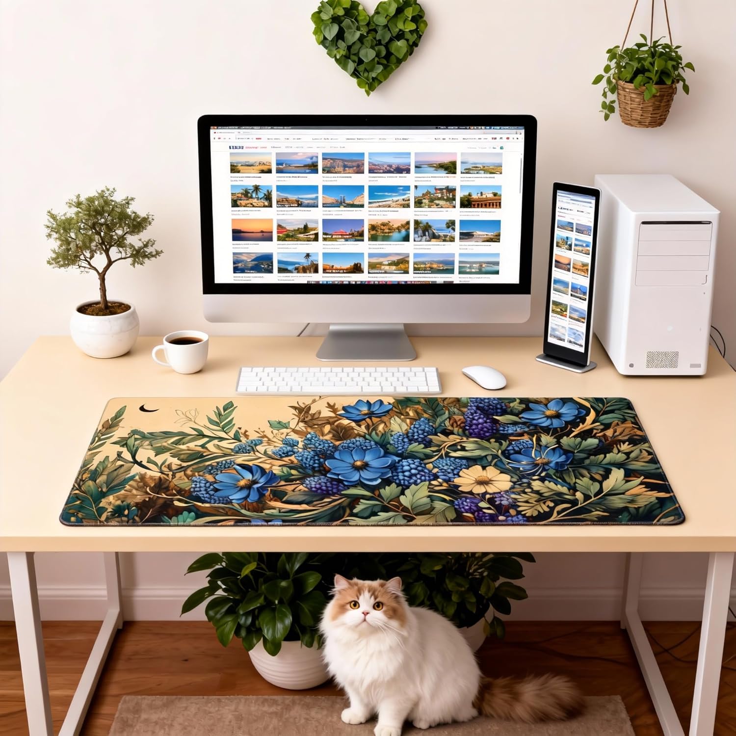 Floral Aesthetic Cosmos Gaming Mouse Pad, Apricot Blue Vintage Botanical Desk Mat with Anti-Slip Base & Stitched Edges, Office & Home Desk Decor for Women, 35.4" x 15.7" in Computer Desktop Mat