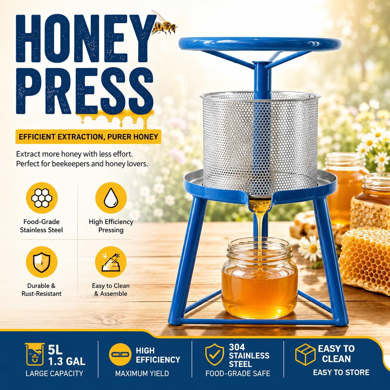 Pressa Manuale da 5 Litri per Cera D'api, Estrattore di Miele, Estrattore di Miele Grezzo, Elevata Resa di Succo, con Base Triangolare, per Cera D'api, Frutta E Verdura