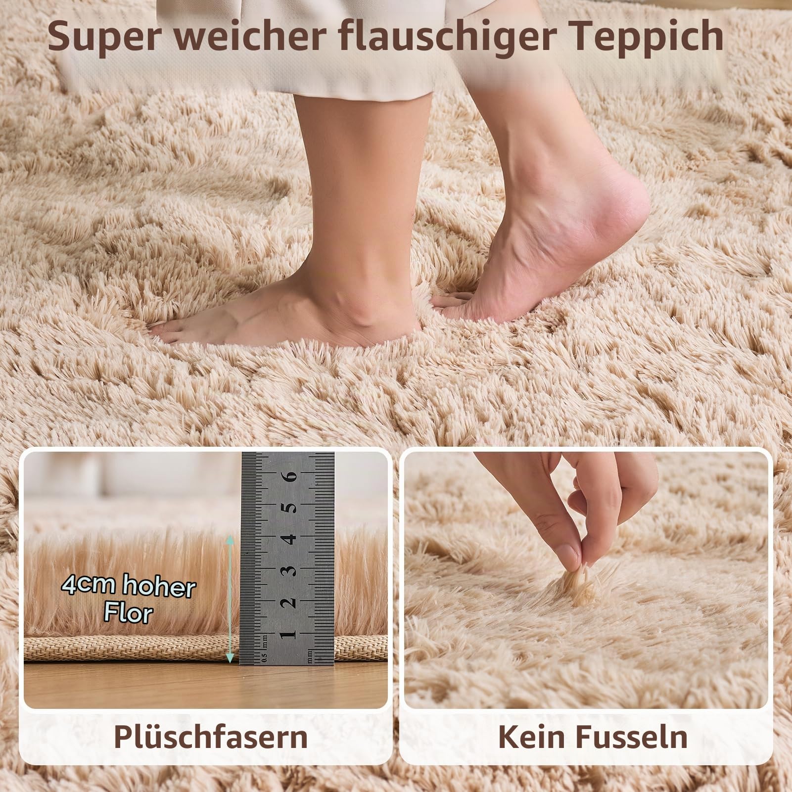 CHOSHOME Teppich Wohnzimmer Beige Schlafzimmer Teppiche Modern Flauschig Weich Teppich Wohnzimmer Läufer Carpet Langflor Shaggy Einfarbig Bettvorleger Anti-Rutsch Unterseite Teppiche 150x240CM