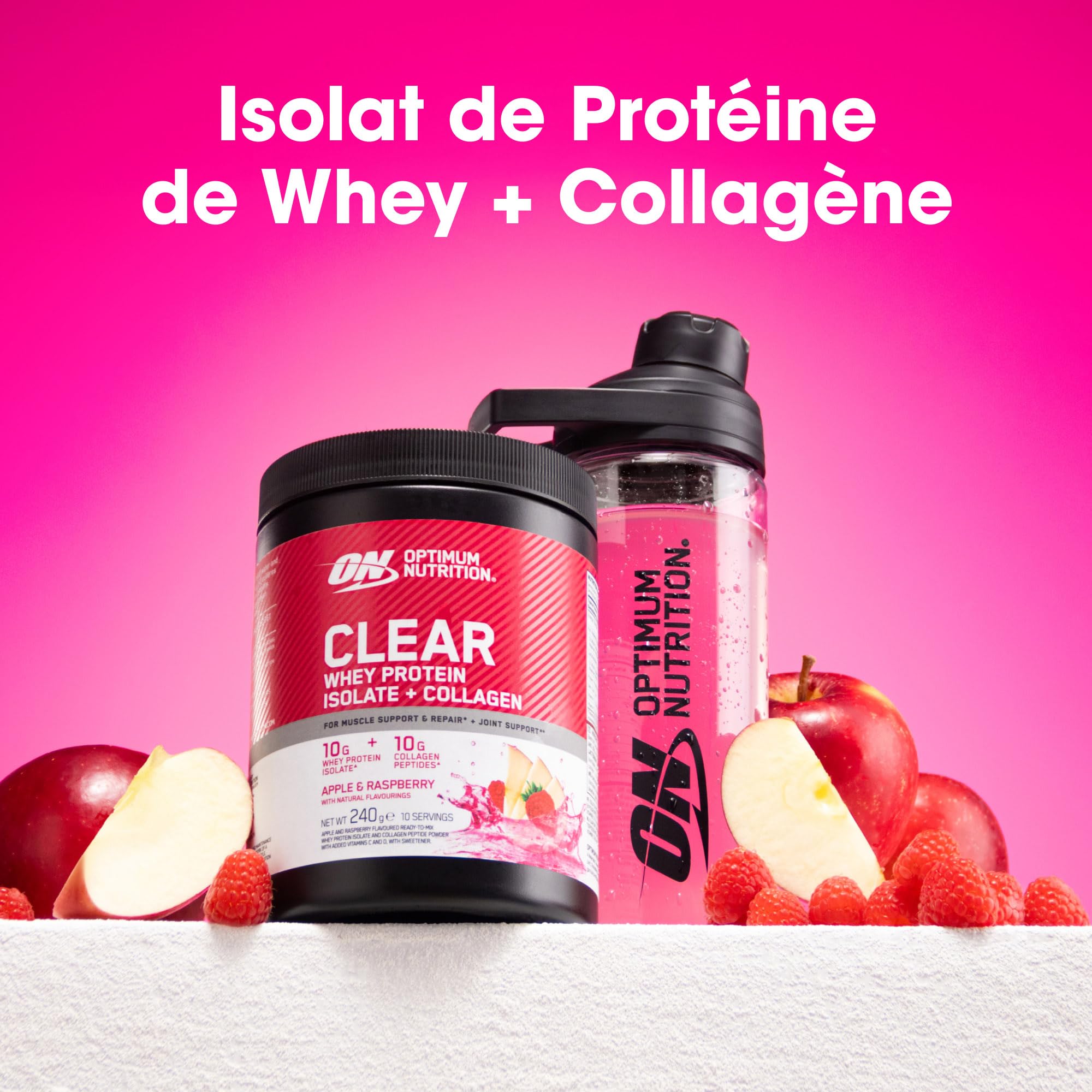 Optimum Nutrition Clear Whey + Collagène, Pomme & Framboise, 10 g Whey Isolate et 10 g Peptides de Collagène par Portion, Boisson Protéinée Claire pour les Articulations, 240 g, 10 Portions*