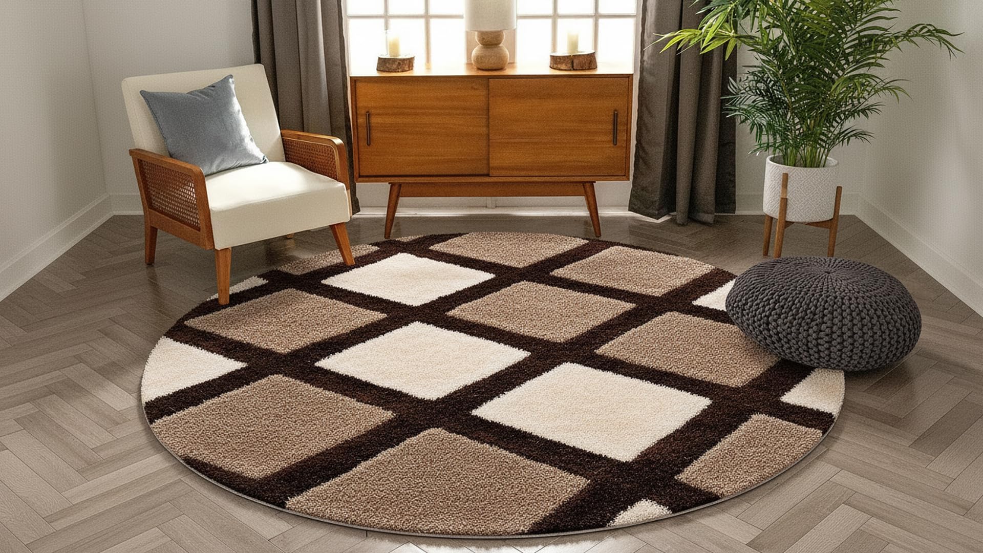 Modern Abstract Round Rug - Blue & Beige -15 Modern Abstract Round Rug - Blue & Beige -15