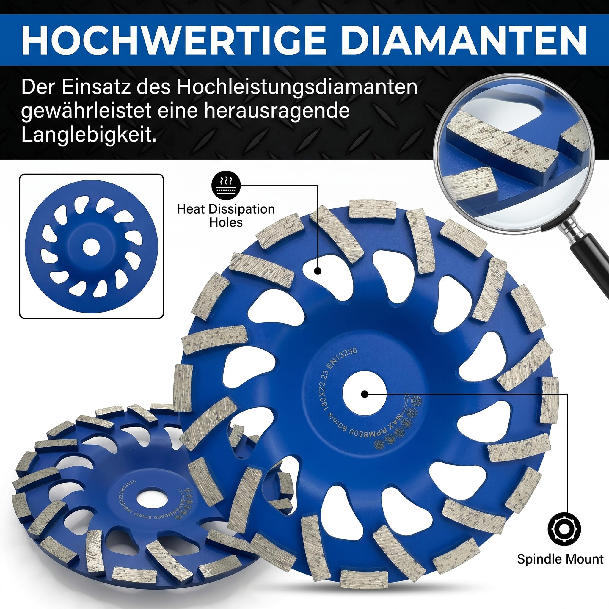 Diamant Schleiftopf 180mm × 22,23mm, Beton Schleifscheibe für Schleifarbeiten mit Beton und harten Baustoffen Granit Naturstein Estrich Putz Marmor (Blau, 180mm)