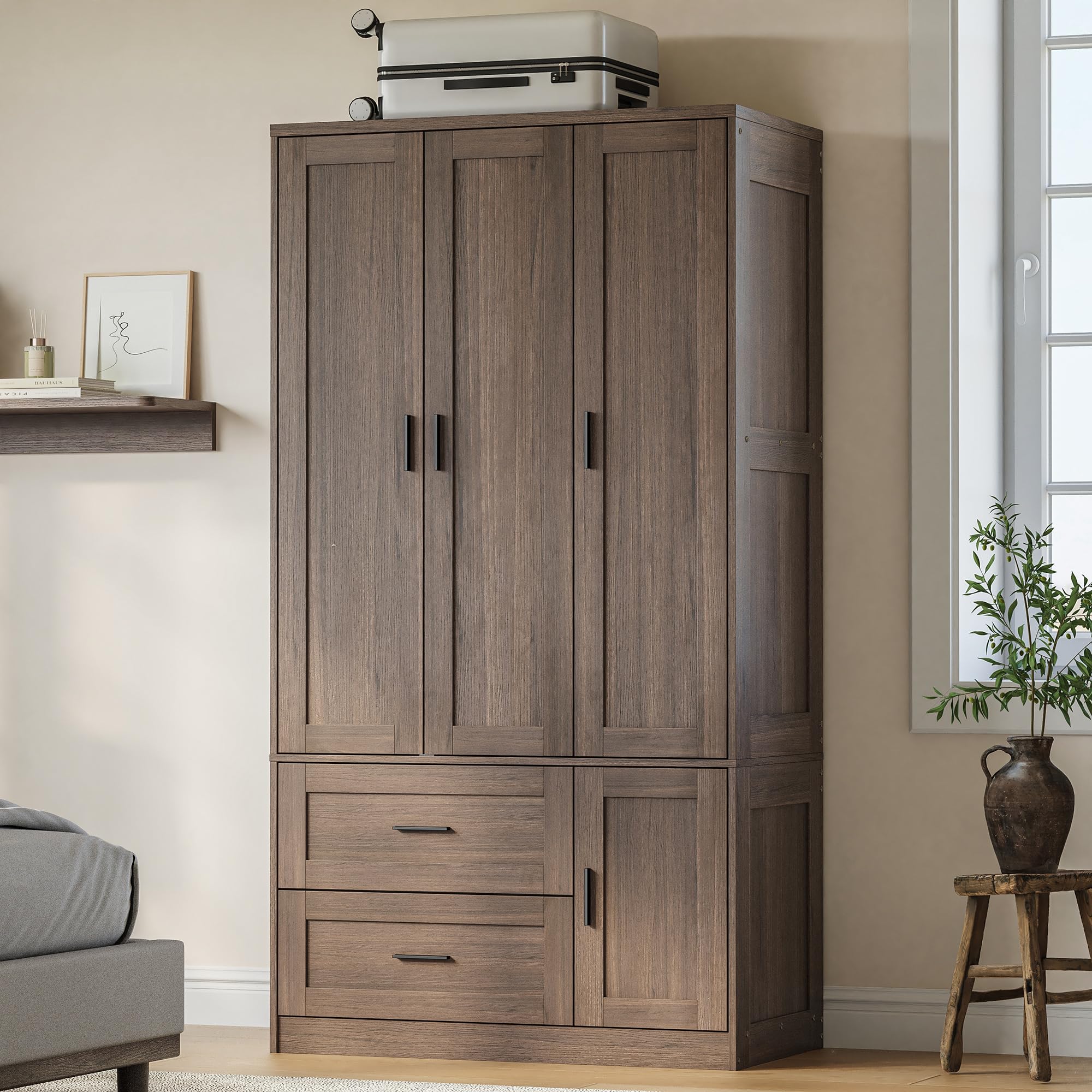 Modern Farmhouse Armoire with Drawers - Dark Walnut