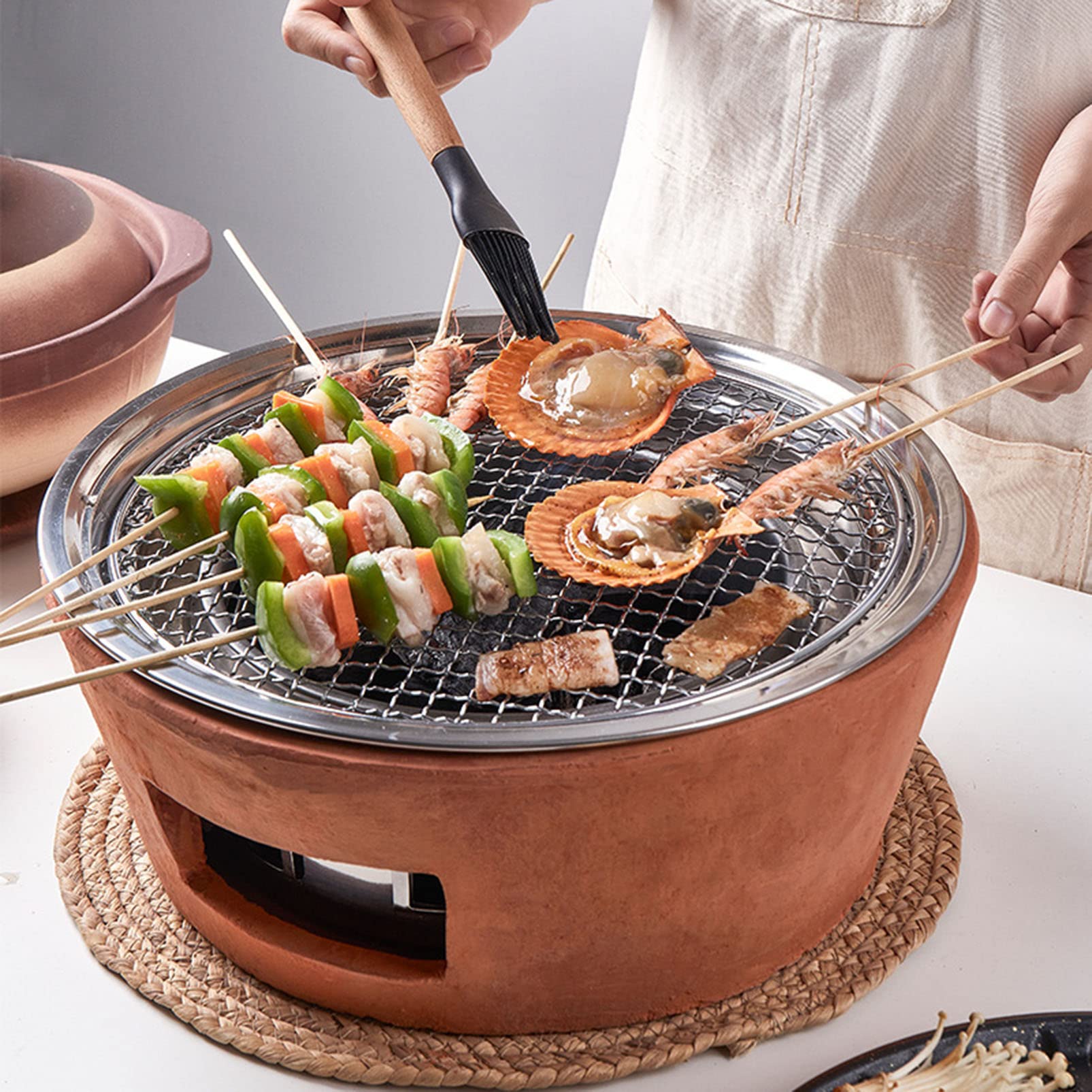 Griglia Portatile Hibachi Piccola Stufa a Carbone Griglia per Barbecue, Barbecue da Interno/da Campeggio Stufa ad Alcool Antiaderente, Stufa in Terracotta in Stile Giapponese con griglia in Rete Met