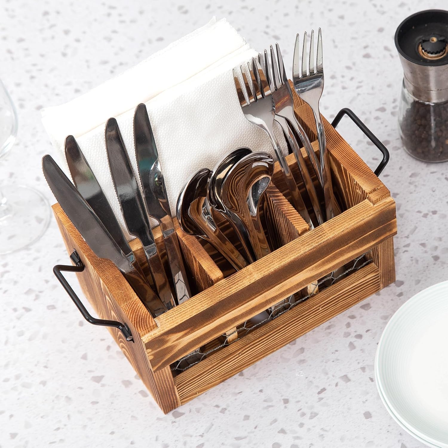 Rustic Weathered Brown Wood Utensil & Napkin Holder Black Metal Handles Chicken Wire Front Panel Kitchenware and Tableware Organizer Wooden Cutlery Storage Caddy Kitchen Dining Room Fork Spoon