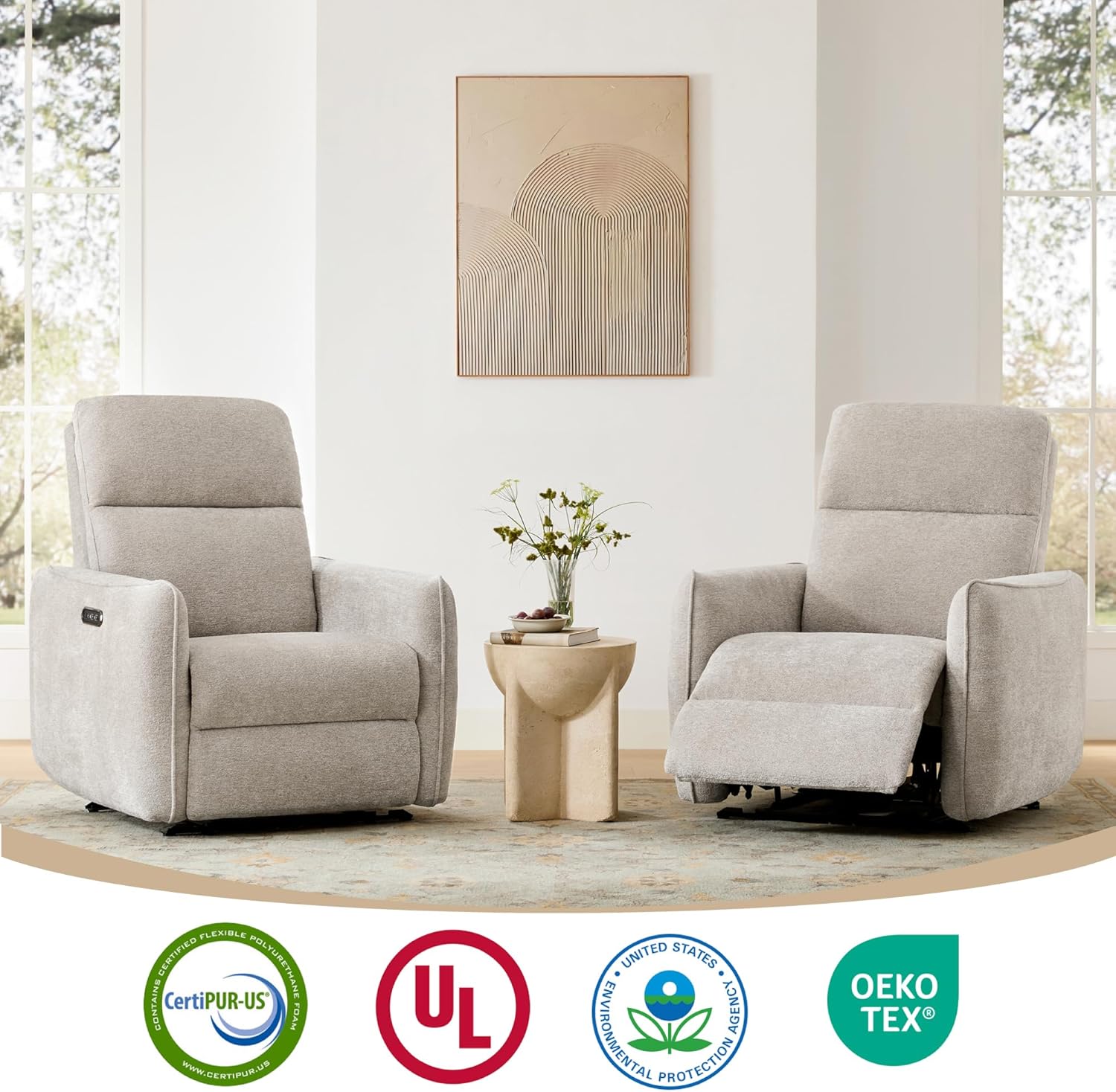 Watson & Whitely Power Lay Flat Recliner Chair with Power Headrest, Electric Recliner for Adults with USB/Type-C Charging Ports, Fabric Upholstered Reclining Chair for Living Room, Bedroom (Taupe)