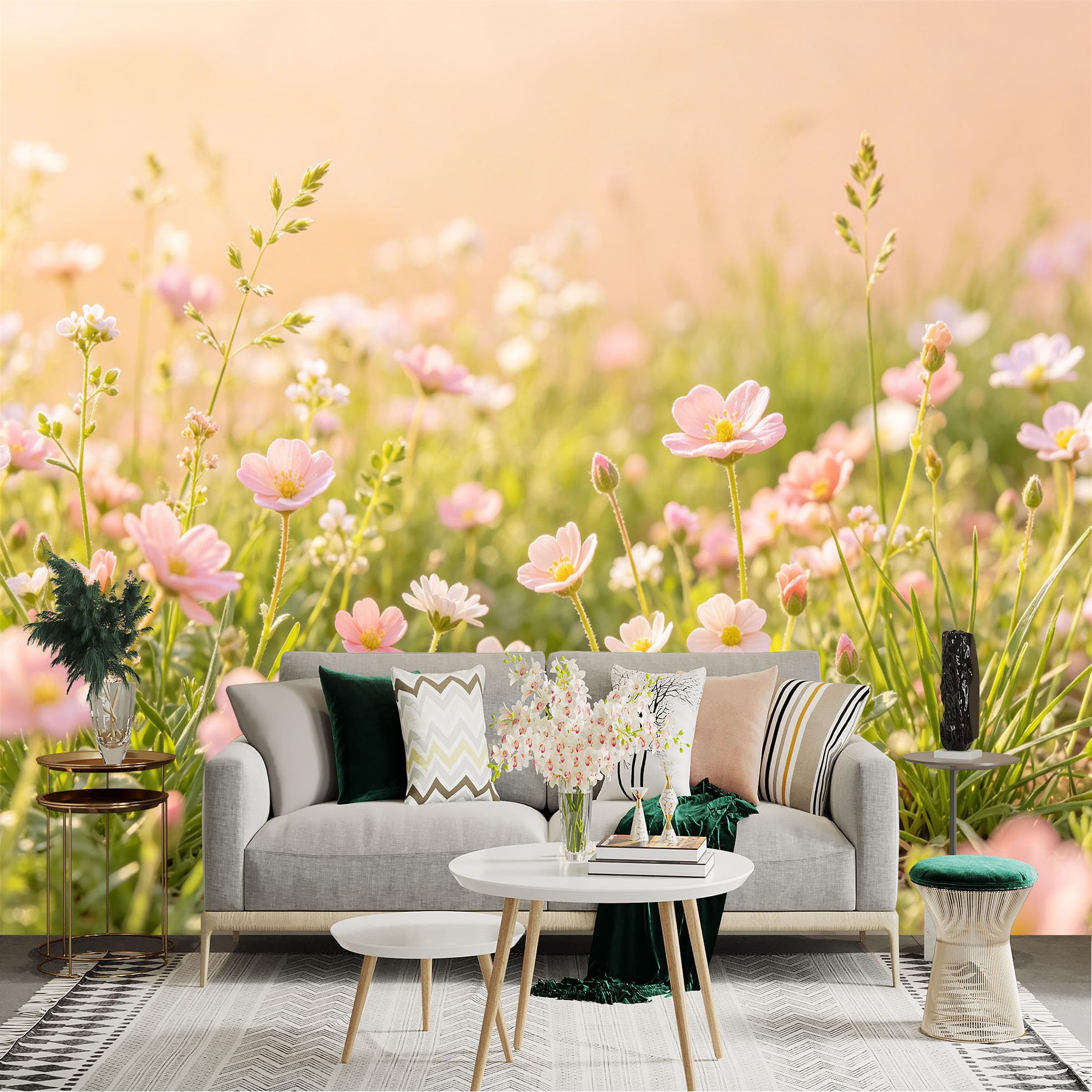 Lnzczhyre Dbh260521188 Custom Size Wall Sticker Mural， Soft Pink Wildflowers， Meadow In Golden Sunlight， Romantic Floral Scenery， For Wall Decoration， Peelandstick Wall Decals.