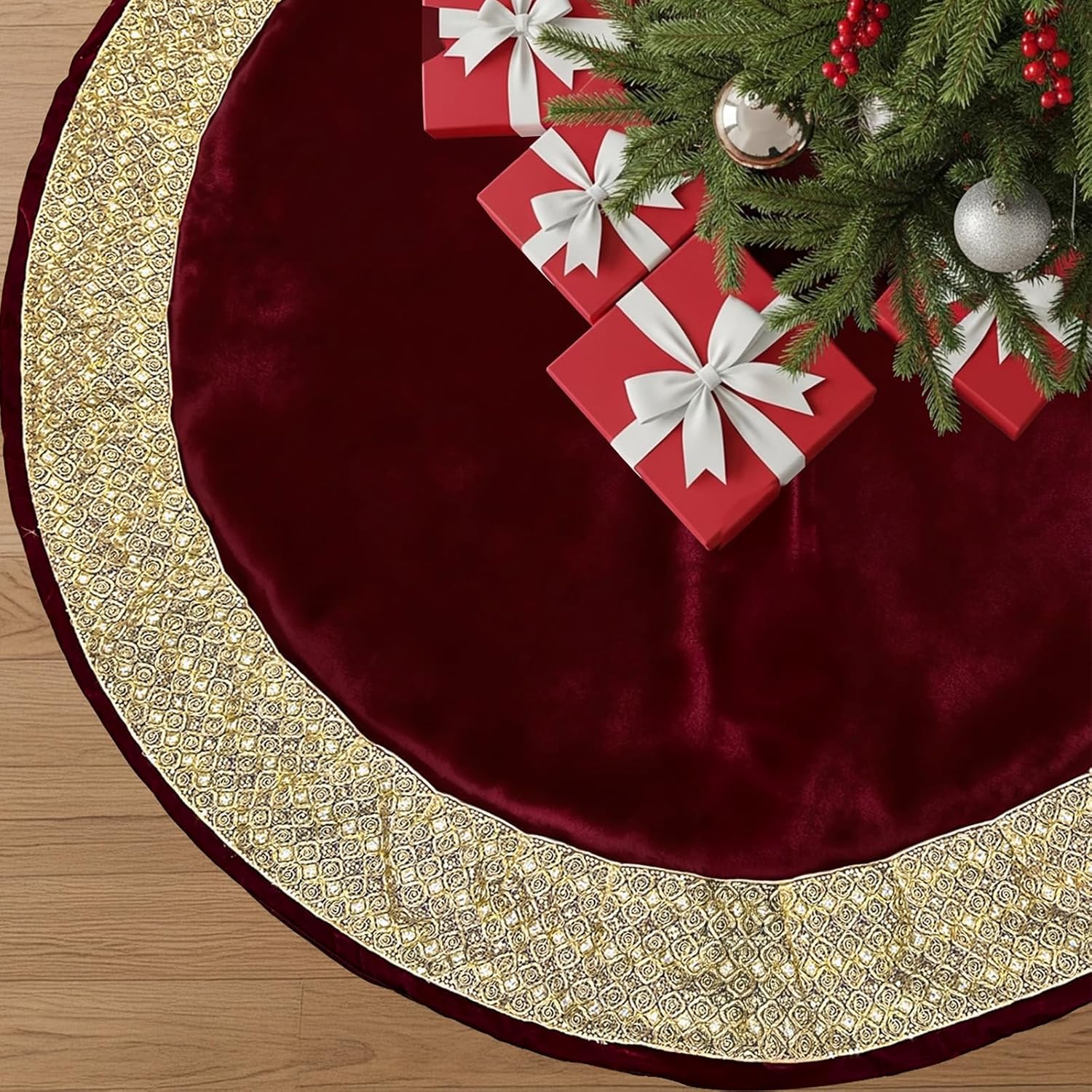 72 inch Christmas Tree Skirt, Extra Large Velvet Red Tree Skirt with Gold Glitter Trim, Rustic Vintage Xmas Tree Skirts Luxury Christmas Tree Decorations for Home Party Holiday Decor