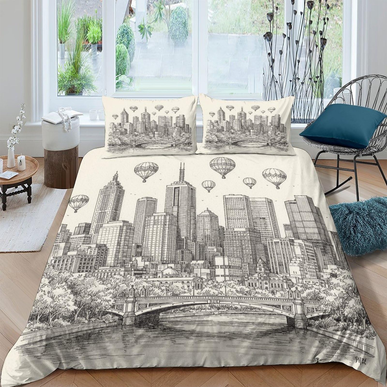 Ctjqhvkz Style-10 3D Printed City Skyline Fitted Sheet Microfiber Soft Urban Bridge Bed Cover For Bedroom Guest Room Decor Single（135X200cm）