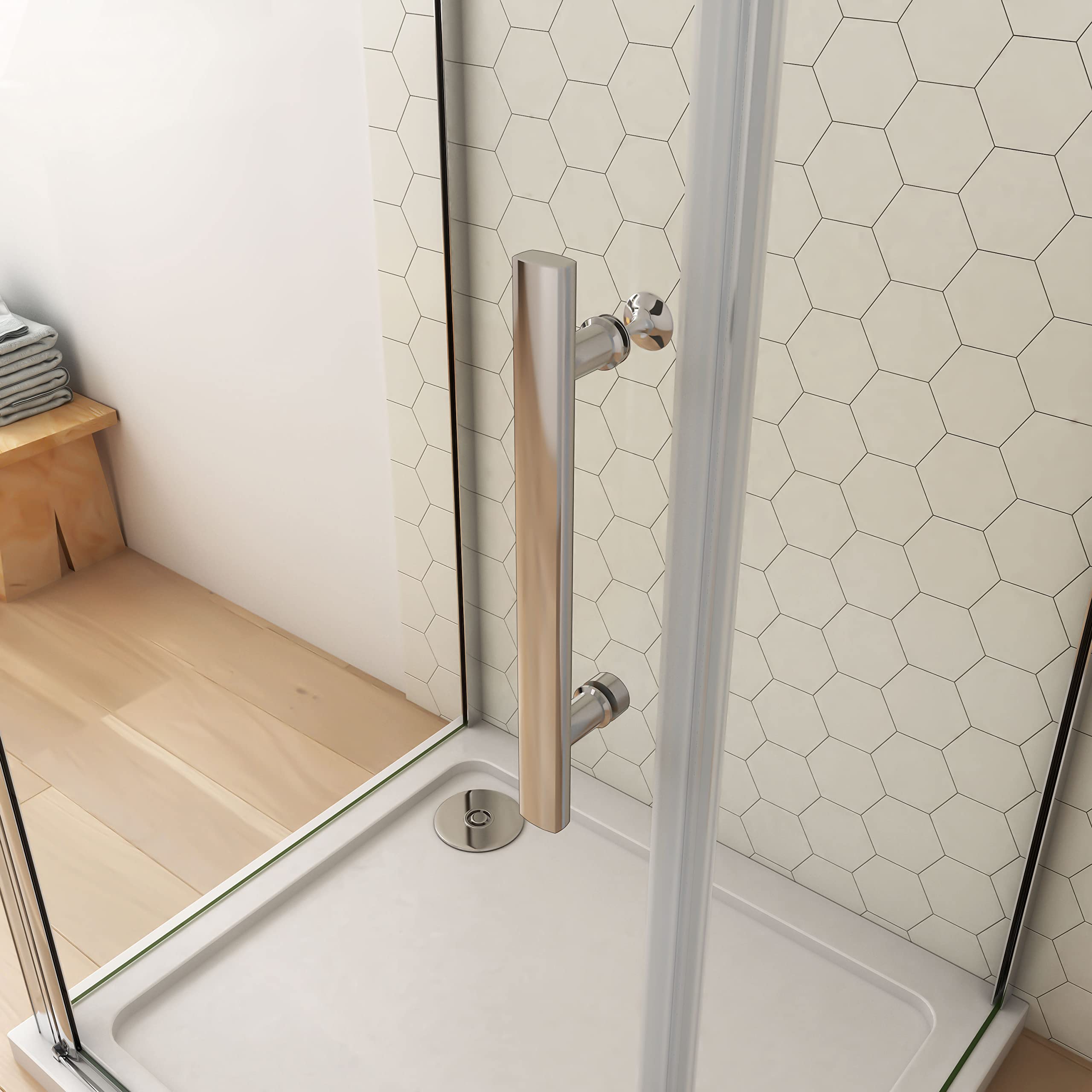 100x90x90x195cm Mampara de ducha angular abatible tres hojas, 6mm cristal templado antical, barra de sujeción incluido, marco de aluminio cromado