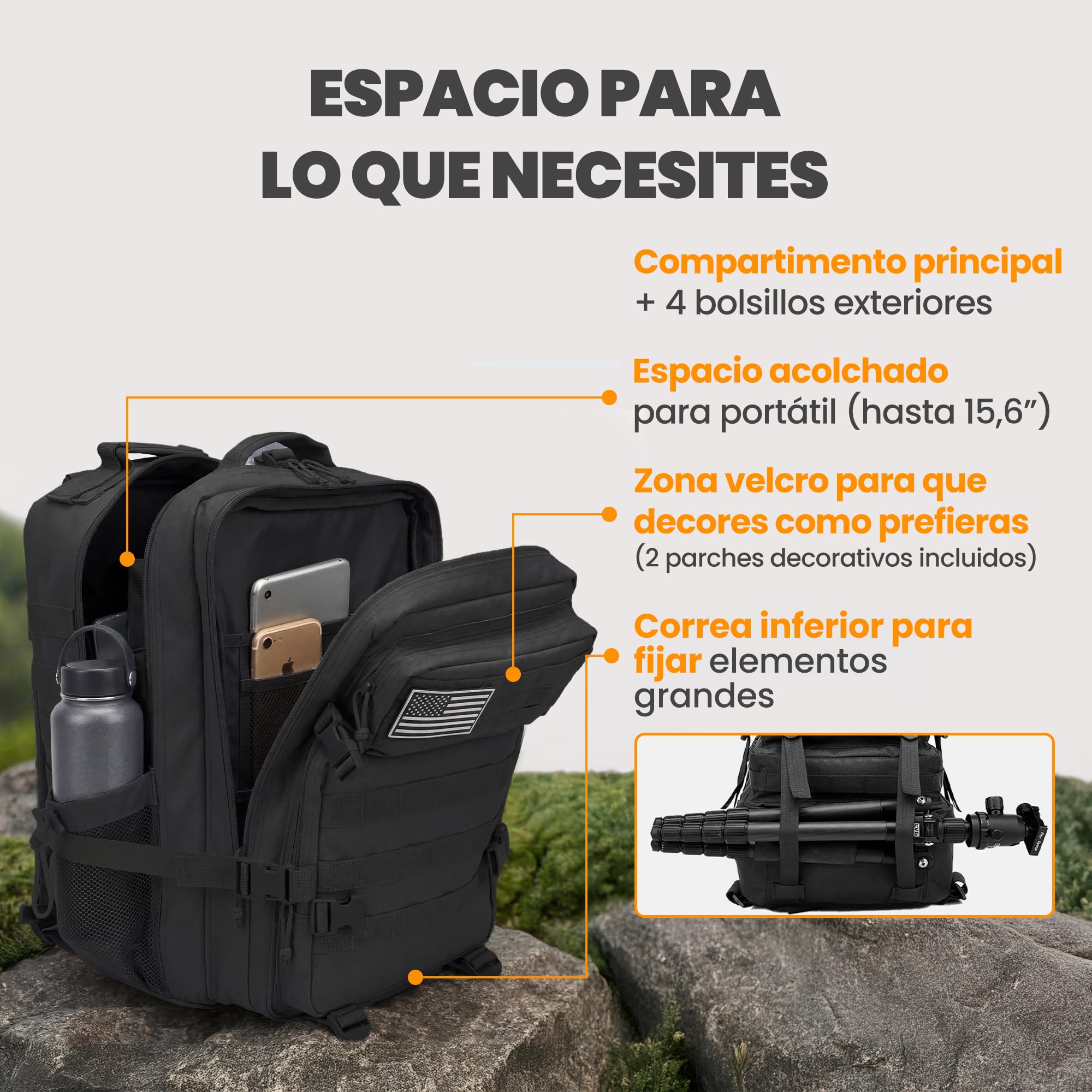 unycos - Mochila Táctica Militar【45L】con Sistema Molle y Bolsillos Laterales, Tela Oxford 900D Resistente, Bolsillos para 3 Días de Emergencias, Caza, Senderismo, Viaje, Crossfit, Gimnasio (Negro)