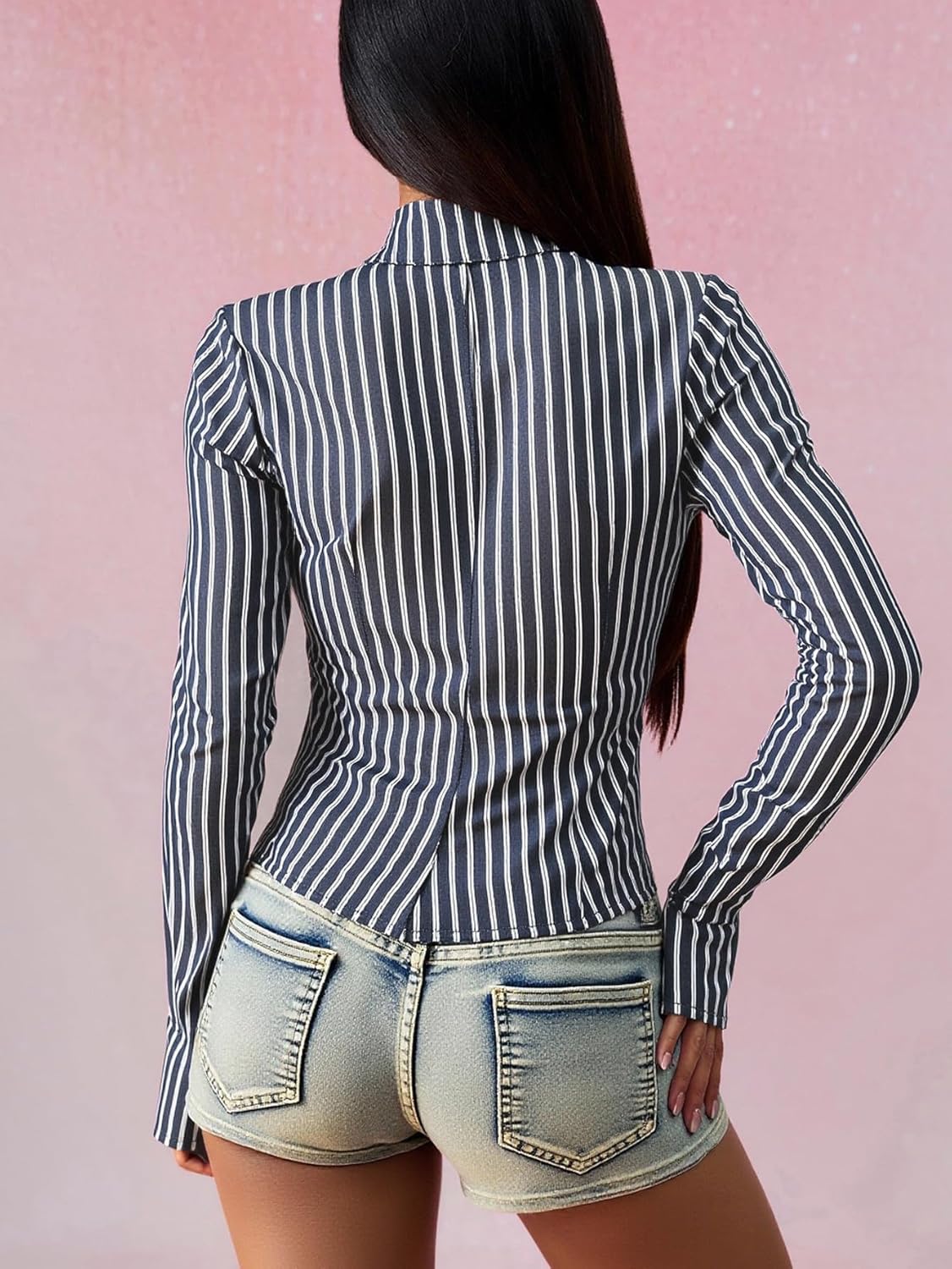 Women's Striped Open Front Shirts Y2k Bell Long Sleeve Collared Blouses Going Out Tops - Image 2