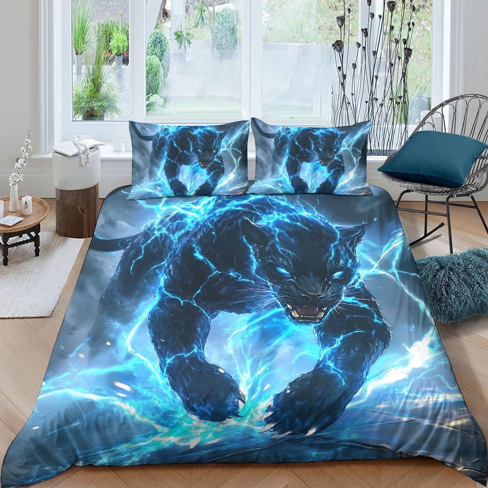 Ctjqhvkz Style-10 3D Printed Electric Panther Fitted Sheet Microfiber Blue Lightning Bed Cover Anti-Slip Machine Washable Bedroom Decor Single（135X200cm）