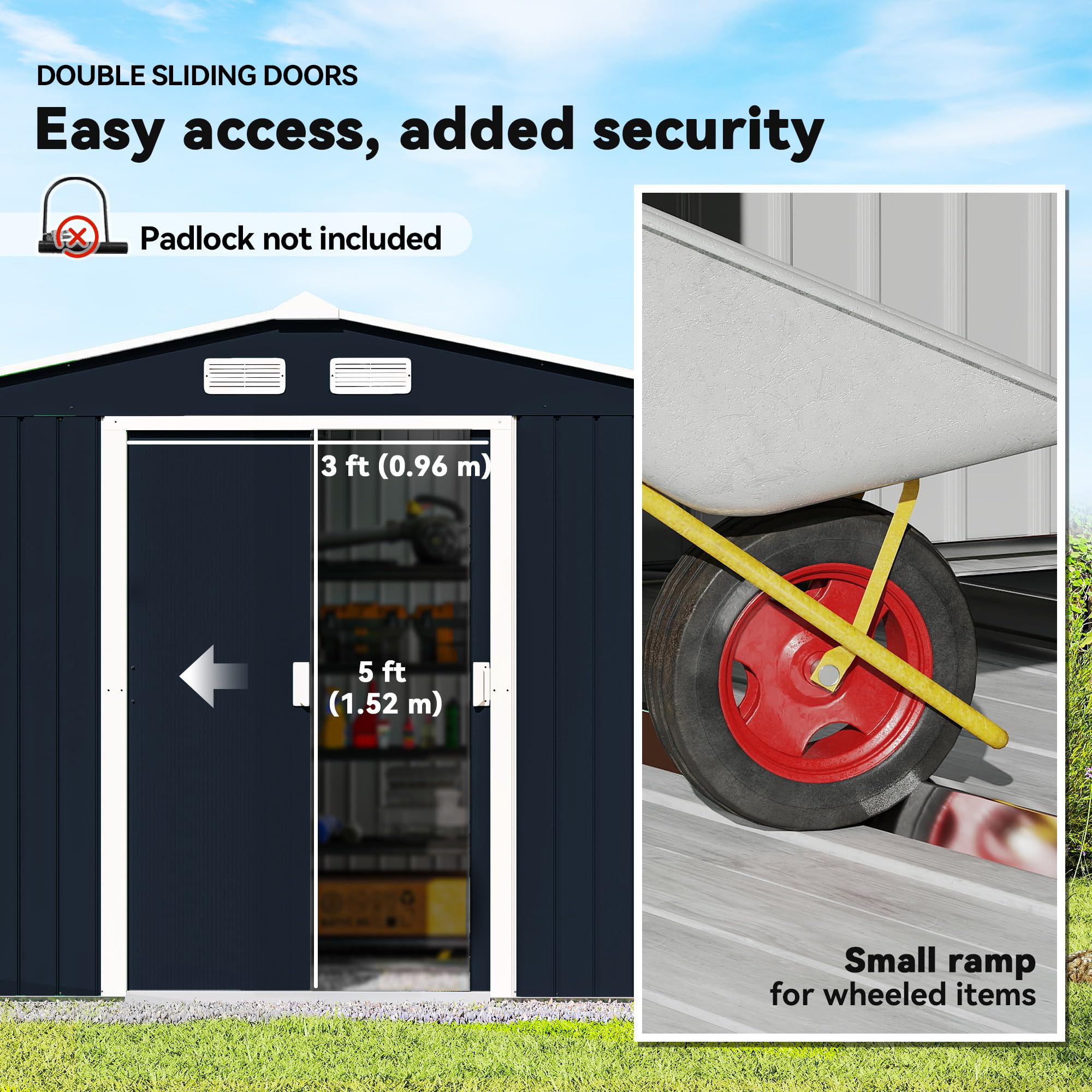 Outsunny 9' x 6' Garden Storage Shed with Foundation Kit, Metal Tool Storage House with Double Doors for Outdoor Patio Yard, Dark Grey — view 4