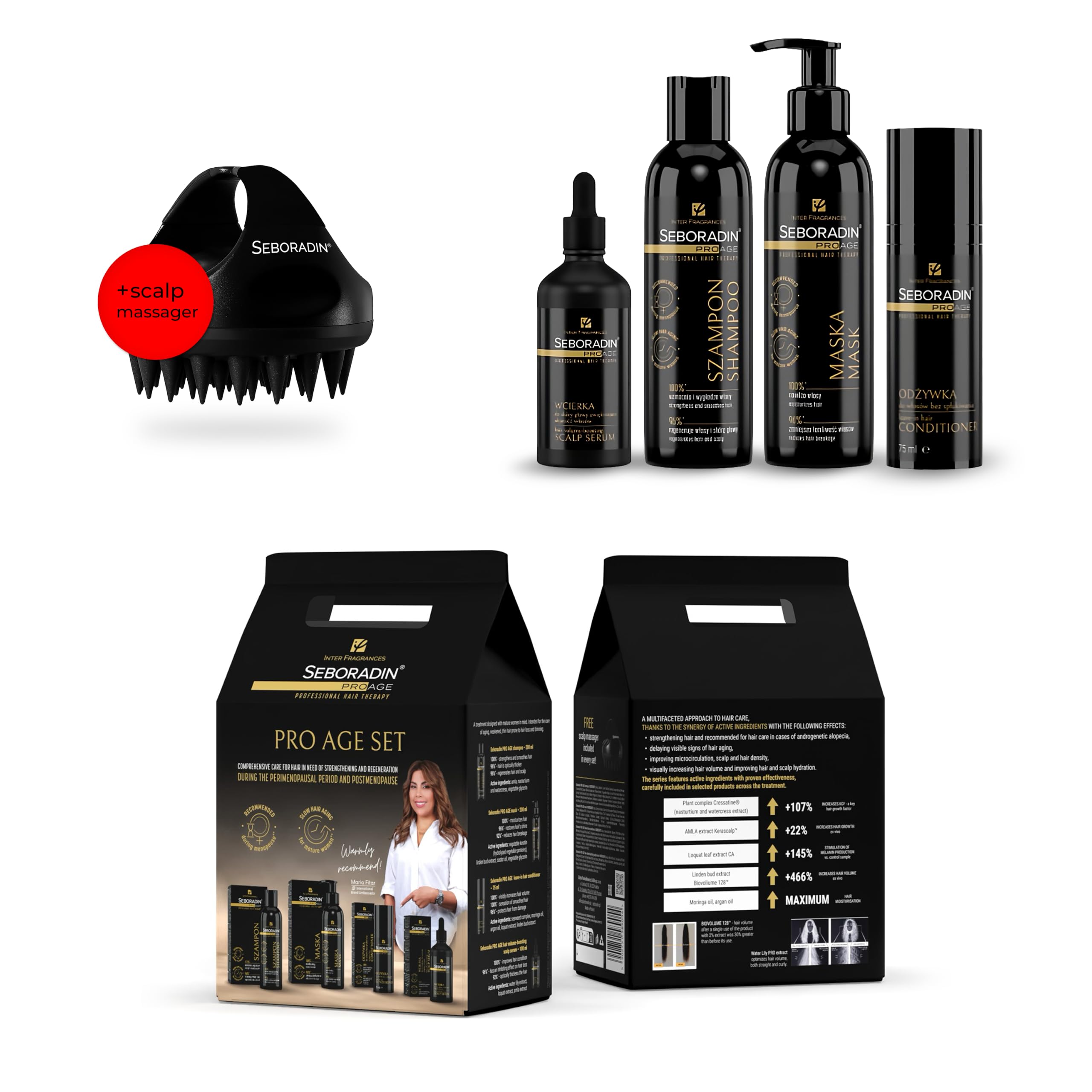 Seboradin PRO AGE Kuracja do Włosów Osłabionych z Szamponem Maską Serum | Zestaw do Pielęgnacji Włosów Cienkich i Wypadających, Wcierka Odżywka bez Spłukiwania Masażer do Skóry Głowy