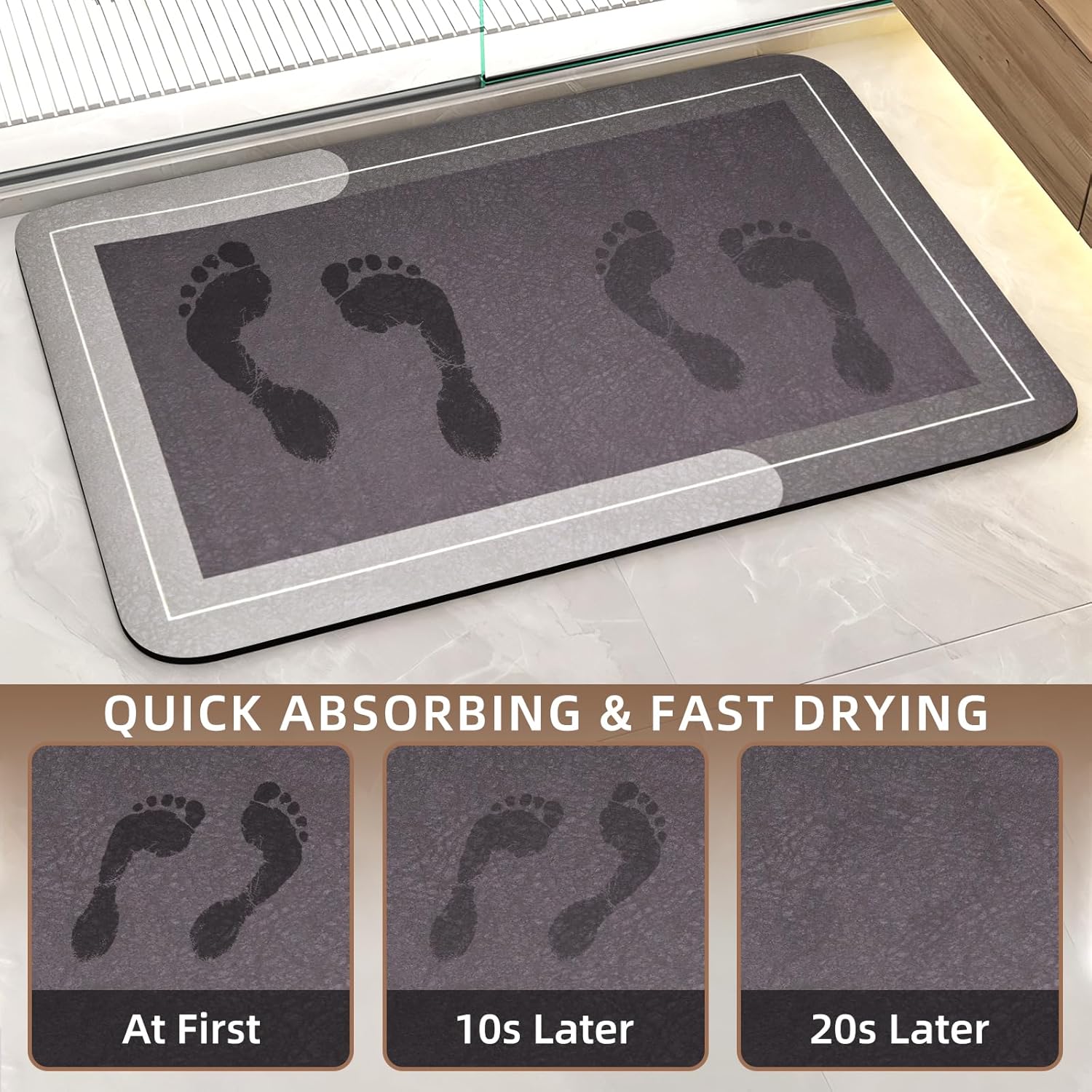 Mordem Bath Mat Rug, Rubber Non Slip Super Absorbent Quick Dry Bath Mats for Bathroom Thin Bathroom Mat Fit Under Door-Shower Mat for in Front of Bathtub Shower Brown Bath Rugs Easy Care, 15.7"x23.6" - Image 3