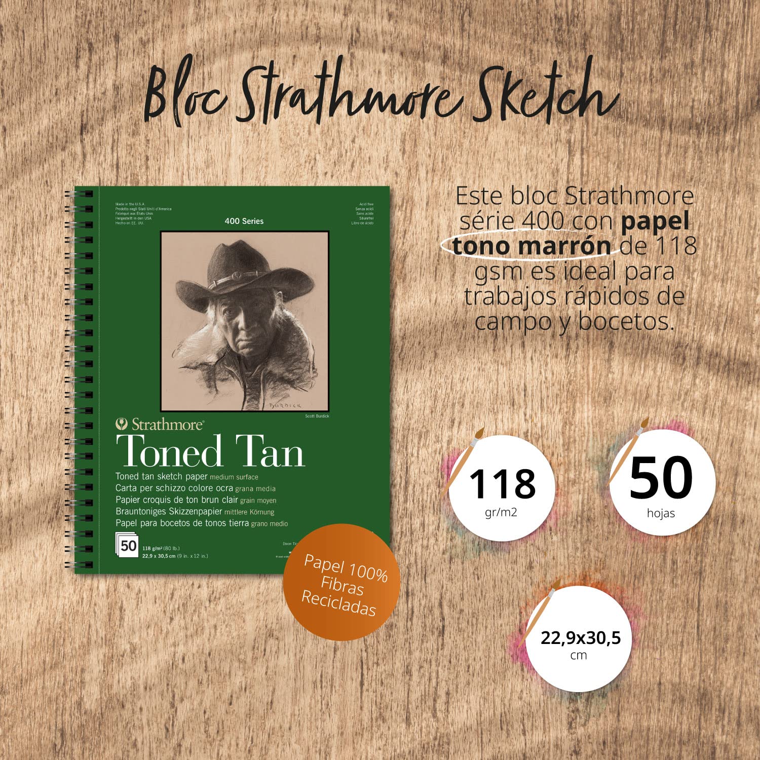 Block Strathmore Sketch, verleimt, 22,9 x 30,5 cm, mit 50 Blatt à 118 g, Toned Tan und Skizzen-Set mit 11 Stück, Metalletui Lyra Rembrandt - Ofituria