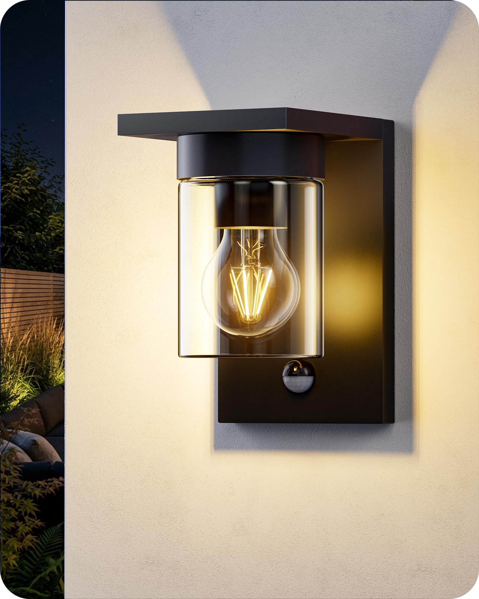 EDISHINE Modern Outdoor Wall Sconce with Photocell & Motion Sensor, E27 Socket, IP44 Waterproof, Wall Lamp, Outdoor Lighting for Patio, Garden, Garage, Black