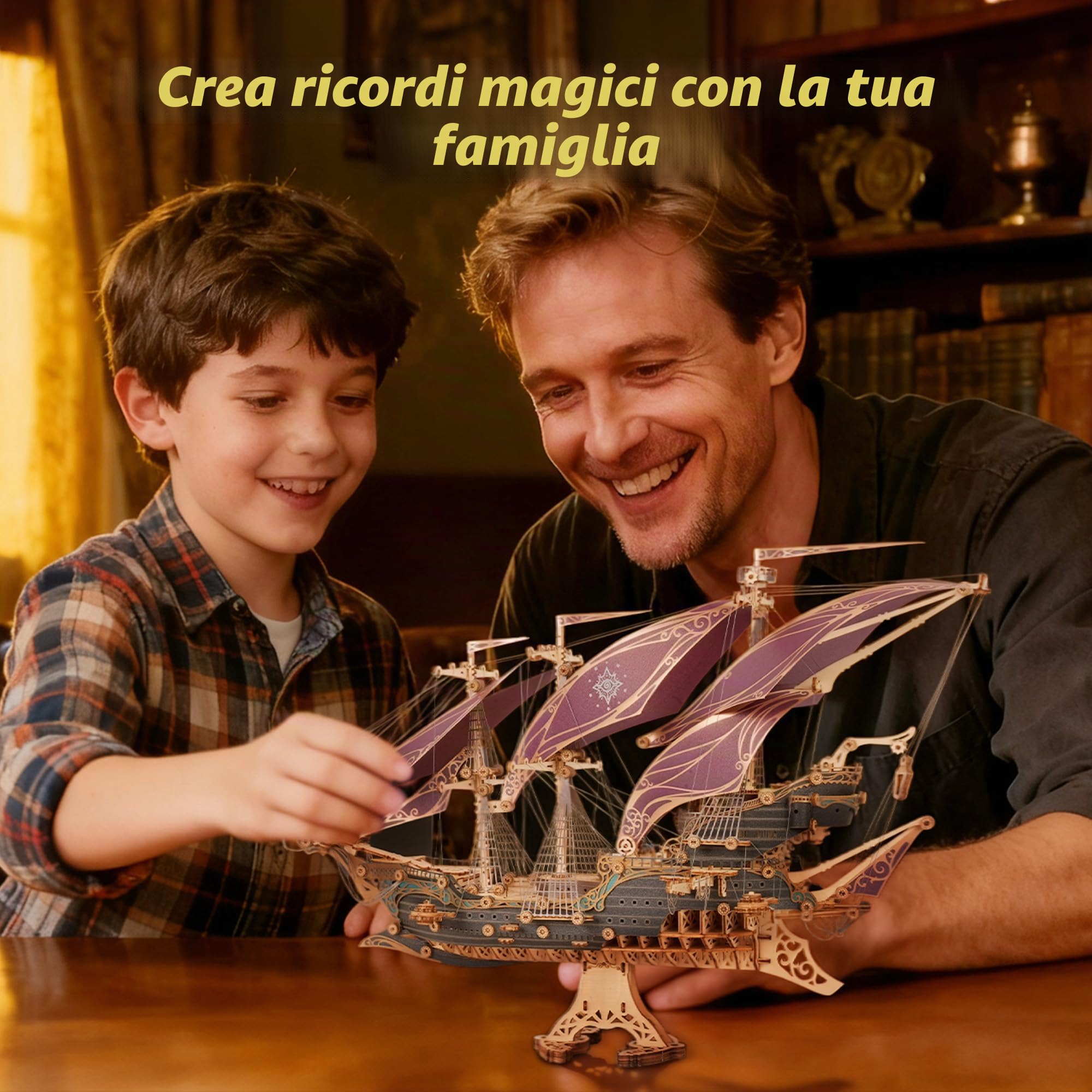 FUNPOLA Puzzle 3D in legno Modello di Nave Pirata – Kit di costruzione di veliero, avventura, decorazione per la casa, regalo creativo per adulti e ragazzi (Viola)