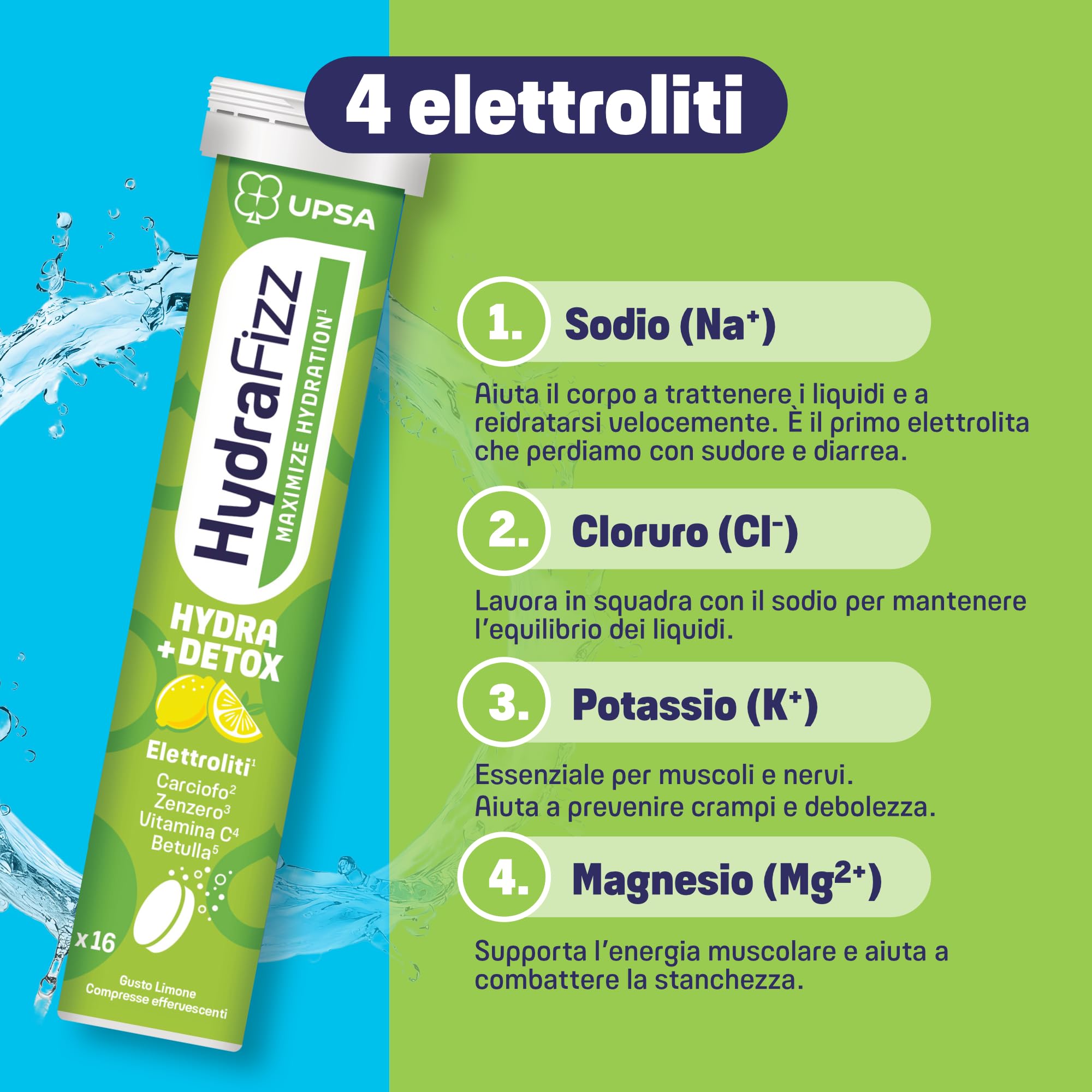 UPSA Hydrafizz Detox, 16 Compresse Effervescenti, Integratore Alimentare con Elettroliti, Carciofo e Zenzero, Gusto Limone, Idratazione e Depurazione, aiuta a ridurre Stanchezza