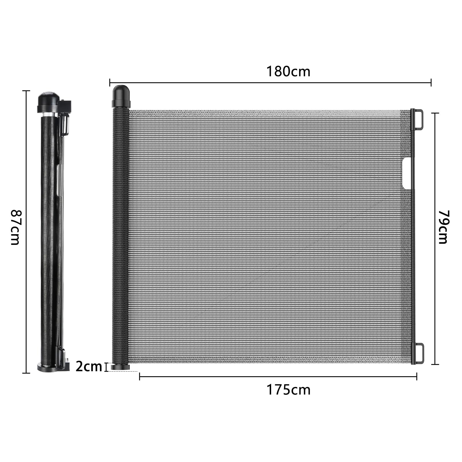 LZQ Roll - Barrera de seguridad para escaleras y mascotas (0-180 cm, altura 87 cm, apta para escaleras, puertas, interiores y exteriores, color negro