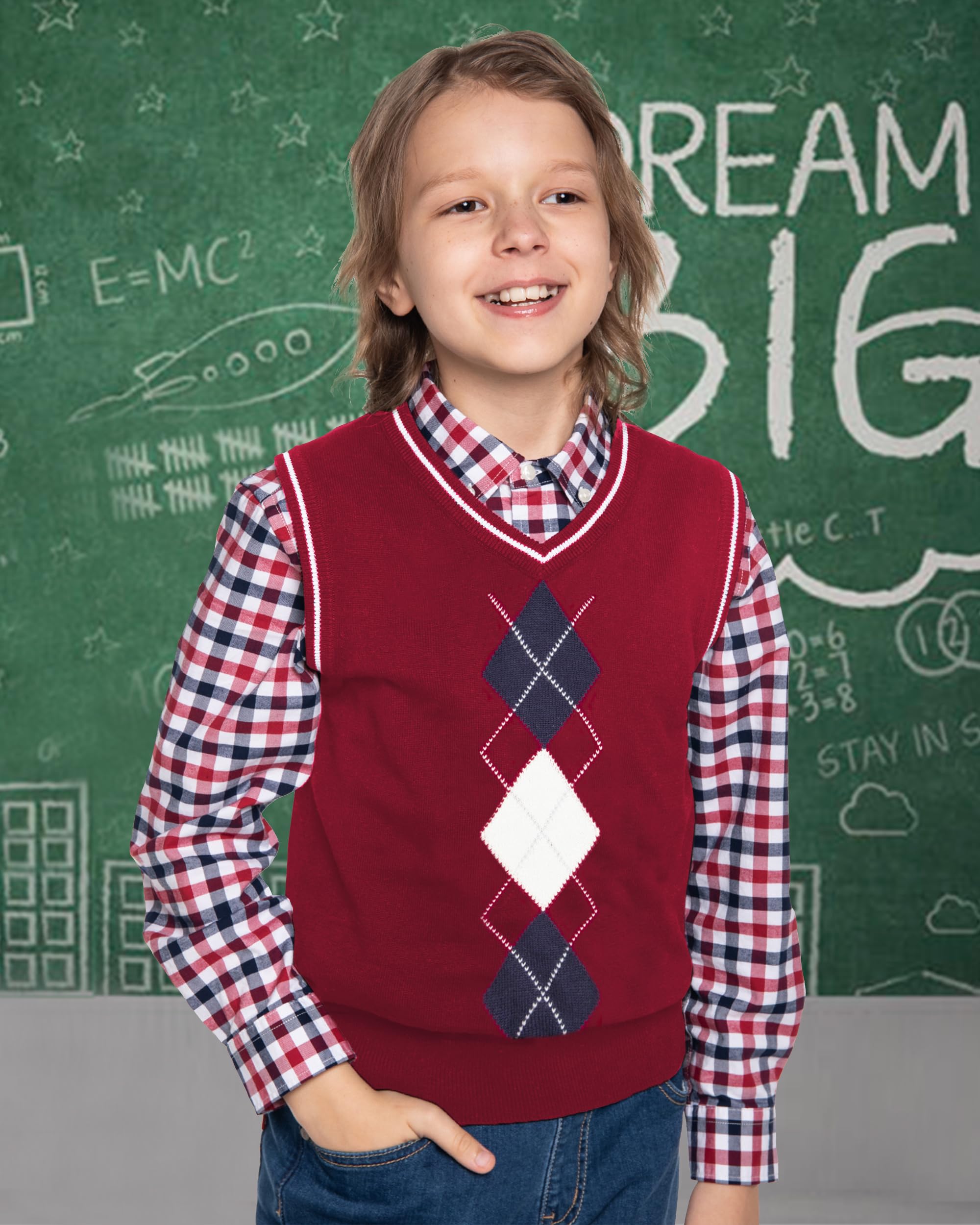 Boys Argyle Sweater Vest 100% Cotton School Uniform Vest For Toddler Kids  Girl Knit Vest Red