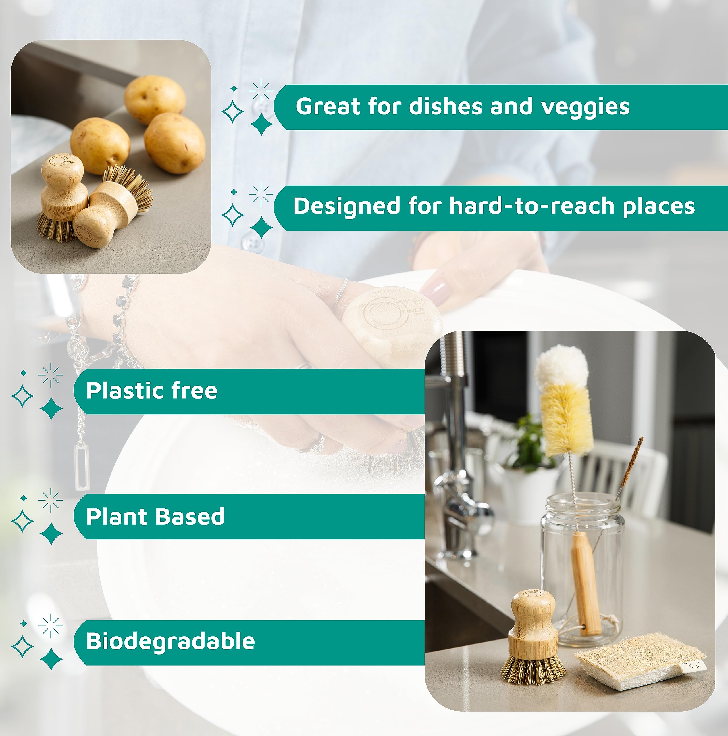 Ensemble complet de brosses à vaisselle en bambou, ensemble complet d'éponges et de brosses à récurer durables et compostables, produits de nettoyage respectueux de l'environnement, brosse de