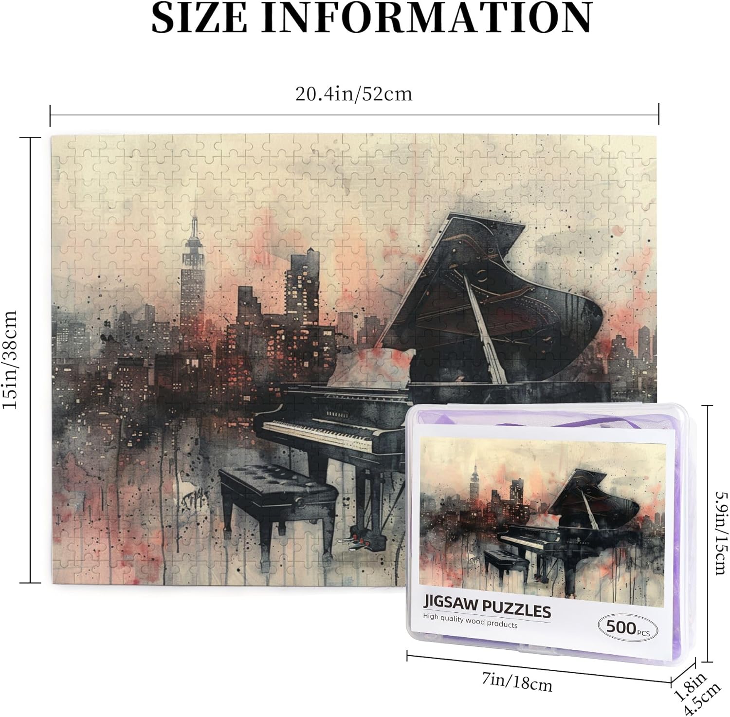 Piano & City Puzzles for Adults 500 Pieces,Unique and Beautiful Design,Charm Piano & City Wooden Puzzle 500 Piece,for Piano Lovers Gifts,Stress Relieving Pleasure,High Difficulty Puzzle