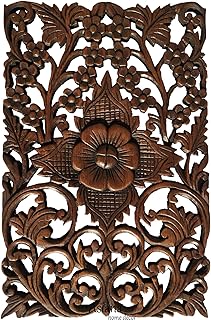 Wall Art-Carved Wood Panel. Carving Wood Wall Plaque. Bali Home Decor. Floral Wood Wall Decor in Brown Finish, Size 12"x17.5"x0.5"