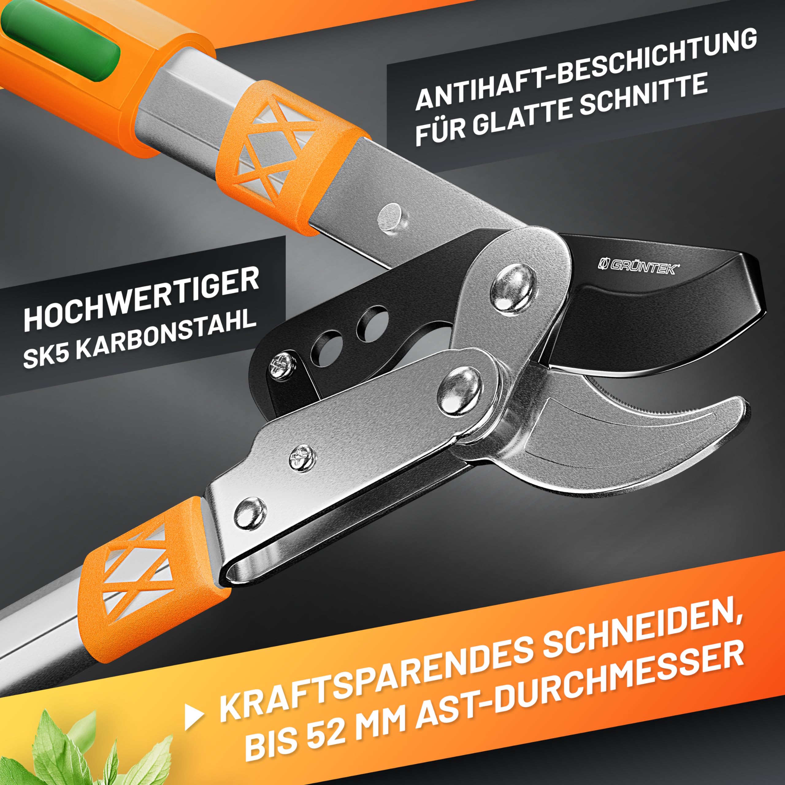 GRÜNTEK Teleskop-Astschere 685-940mm Bypass-Astschere SK5-Karbonstahl rutschfeste 2-Komponenten-Griffe