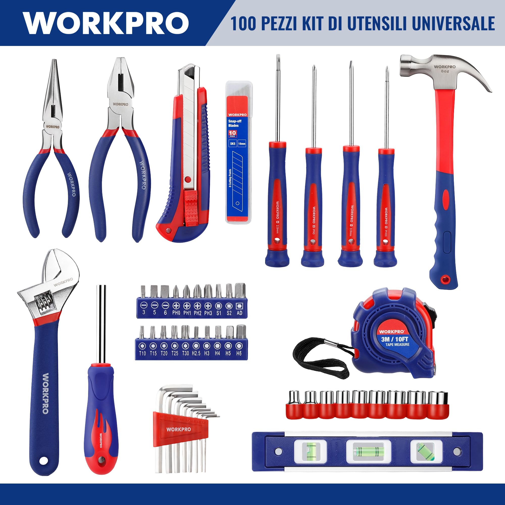 WORKPRO Set Porta Attrezzi Uso Domestico Riparazione 100 Pezzi Utensili per Officina e Lavoro con Pinza, Coltello, Cacciavite, Chiavi a Bussola, Livella, Metro in Cassetta