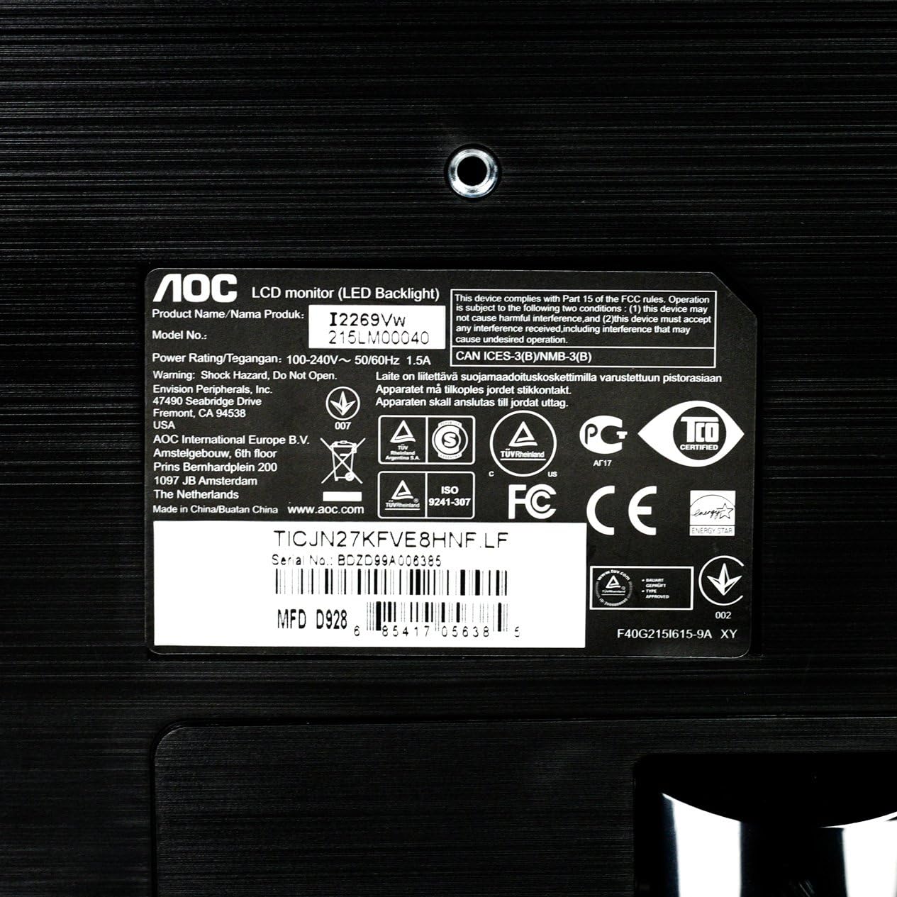 Close-up of the product information label on the back of the AOC i2269vw monitor, showing model number and certifications.
