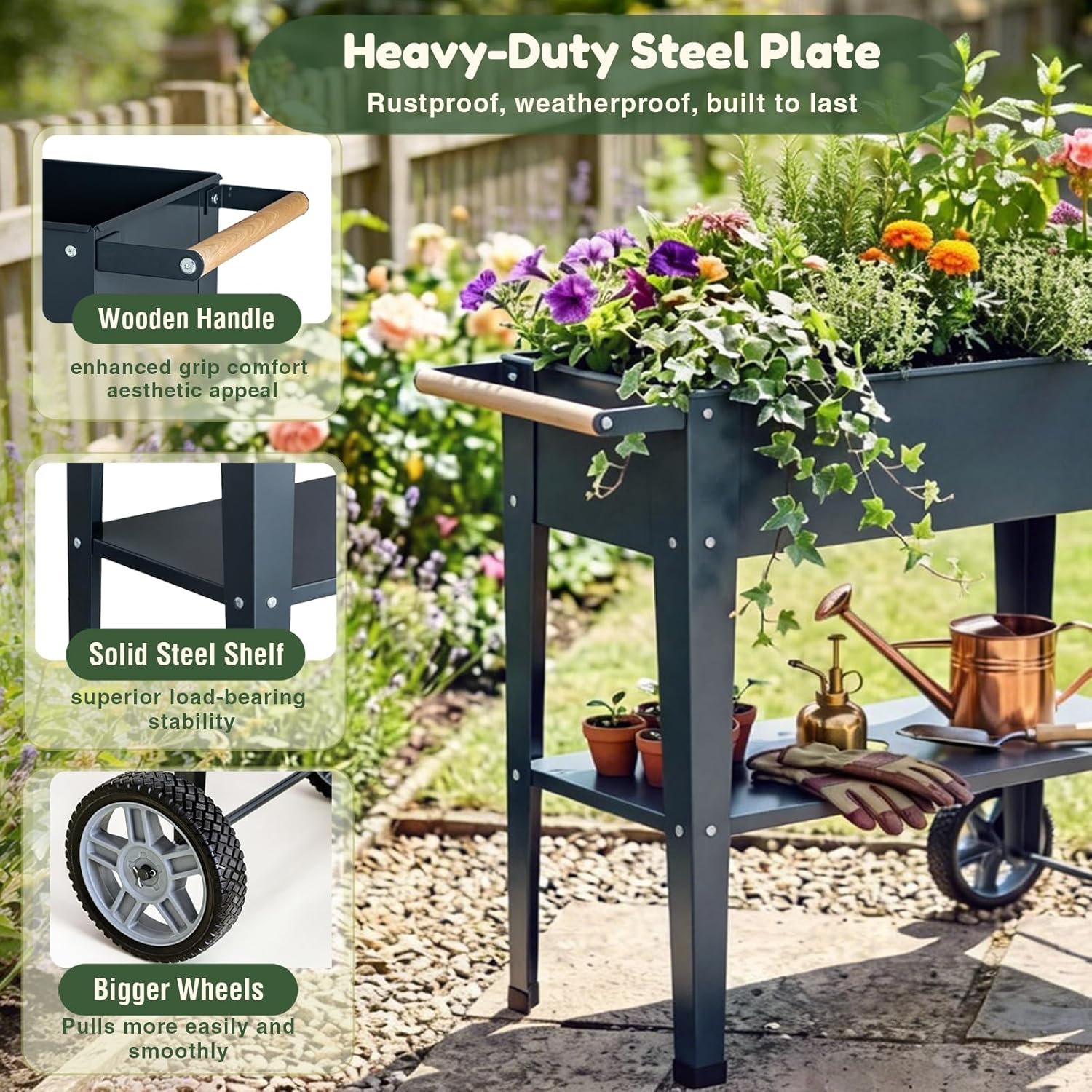 Raised Garden Bed Outdoor with Wheels & Legs for Mobility, Solid Lower Storage Shelf & Wooden Handle, Metal Elevated Raised Planter Box for Backyard, Balcony 400lb Cap.(Light Black, 36 inch)