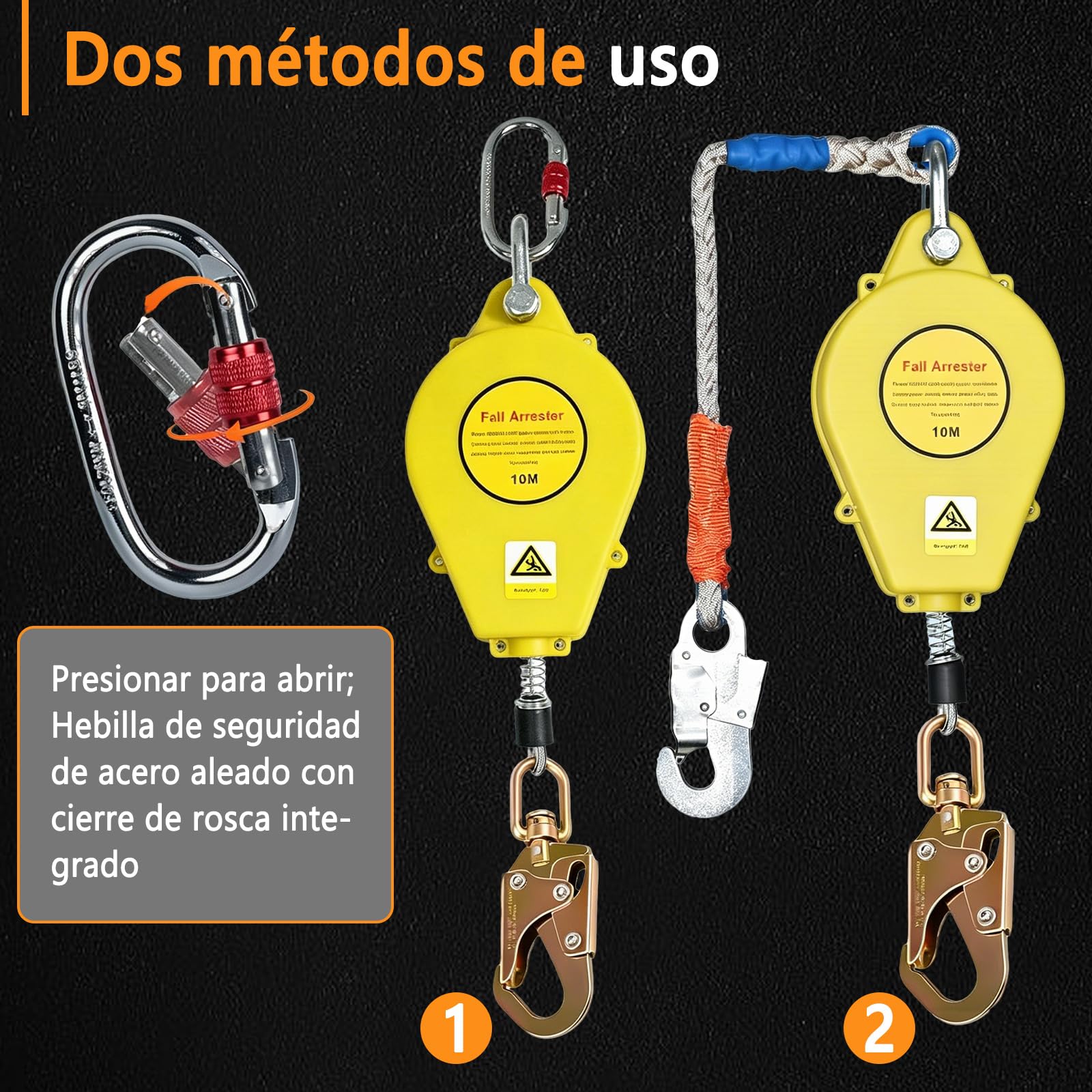 Dispositivo Anticaidas Retráctil Seguridad 10m, Línea de Vida Autorretráctil con Gancho Giratorio de 360°, Arnés Seguridad Más Anticaida para Tejados Capacidad de Carga de 150 kg (Amarillo)
