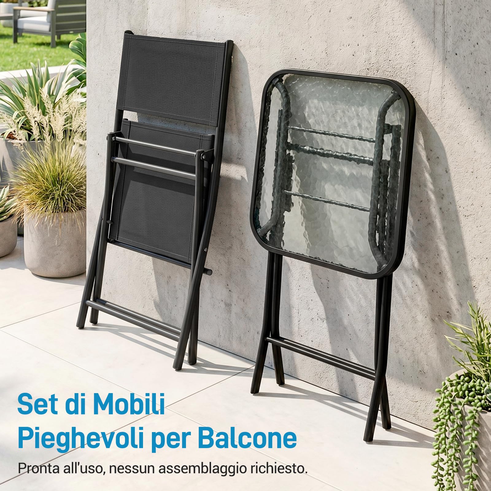 LIFERUN Set da Bistrot 3 Pezzi, Set Mobili Pieghevoli Include 1 Tavolo e 2 Sedie, Resistente alle Intemperie e Traspirante, per Piccoli Balconi e Giardini, Nero