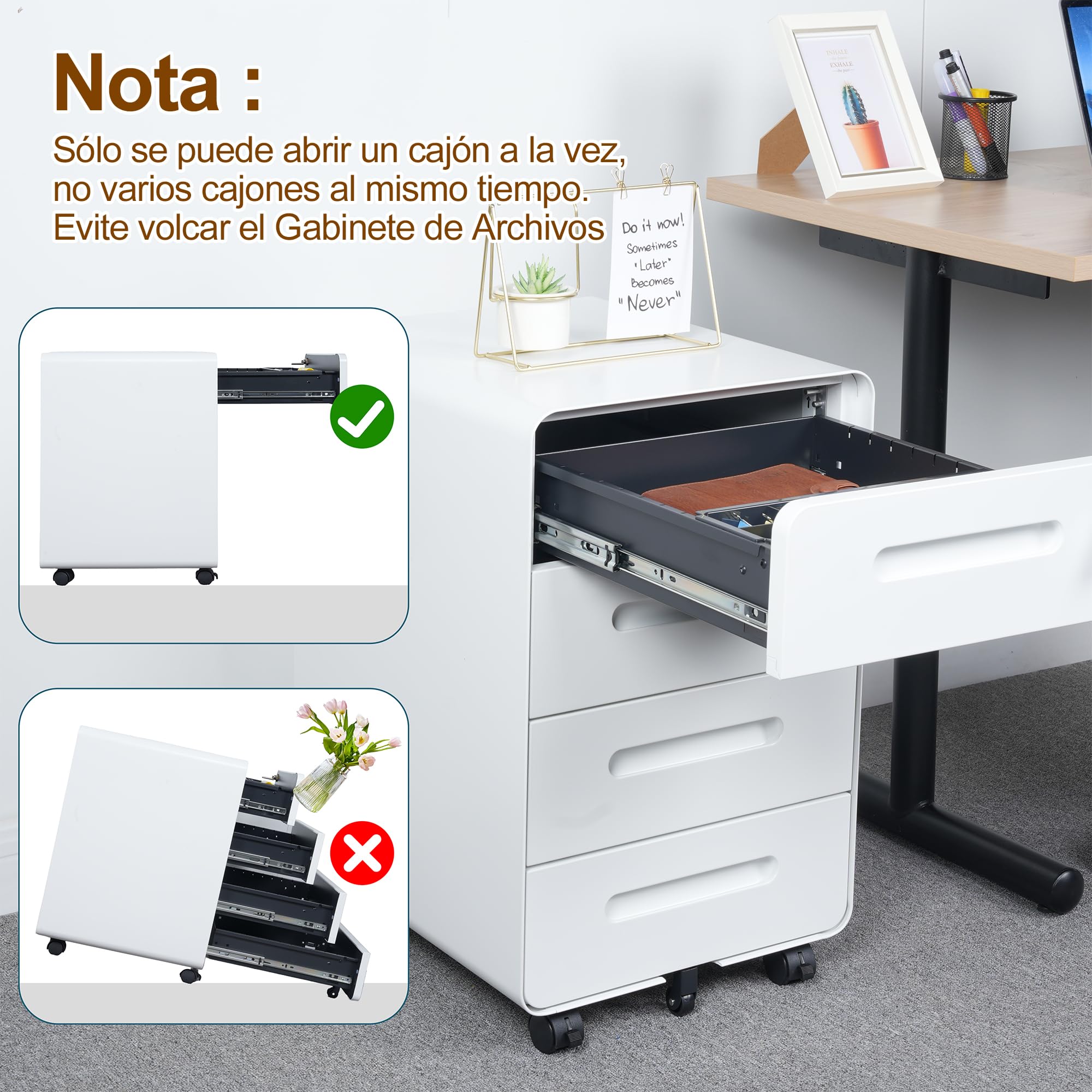Cajonera móvil, Archivador Metálico con Cerradura, 4 Llaves, 4 Cajones, Premontado, Esquinas Redondeadas, para Oficina, Oficina en Casa, 46P x 40A x 64A cm, Blanco