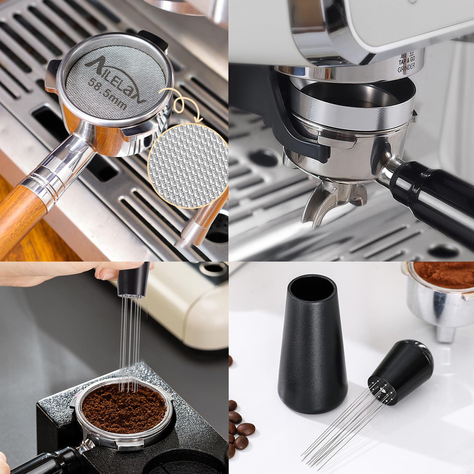 Kaffee Dosierring 58mm, WDT Tool Espresso Nadel mit Siebträger Dosierring 58mm Magnetisch und Kaffee Puck Screen 58,5mm, Siebträger Zubehör Espresso Distributor für Barista, Zuhause, Café