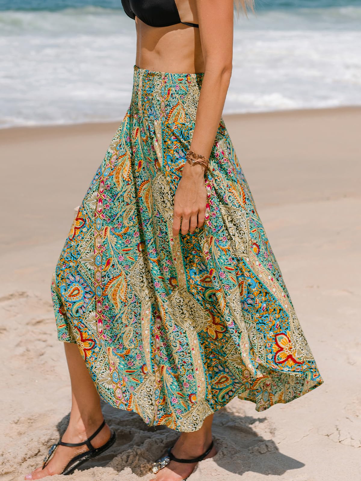 CUPSHE Jupe longue smockée taille haute abstraite jupe longue cache-maillot de plage jupe bohème