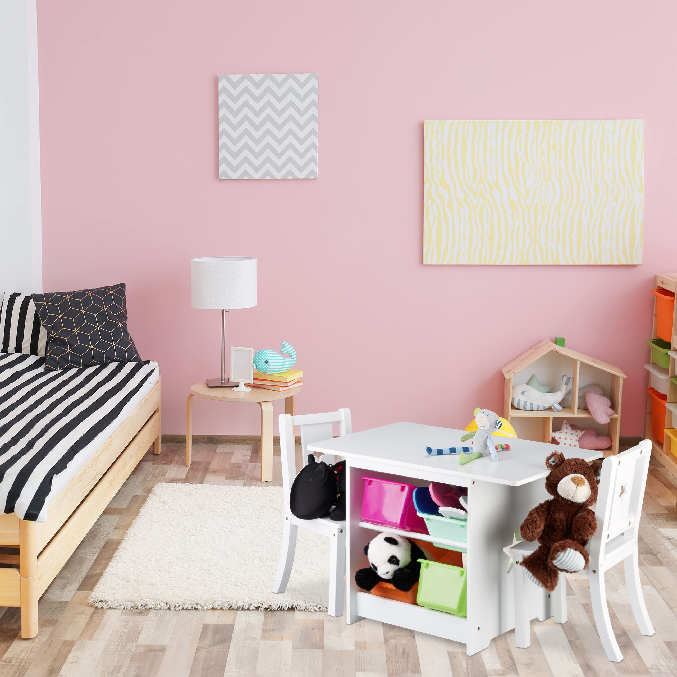Relaxdays Zestaw mebli do siedzenia dla dzieci Albus z miejscem do przechowywania, 1 stół i 2 krzesła z drewna, zestaw mebli dla chłopców i dziewczynek, kolor biały, 46 x 75 x 56 cm